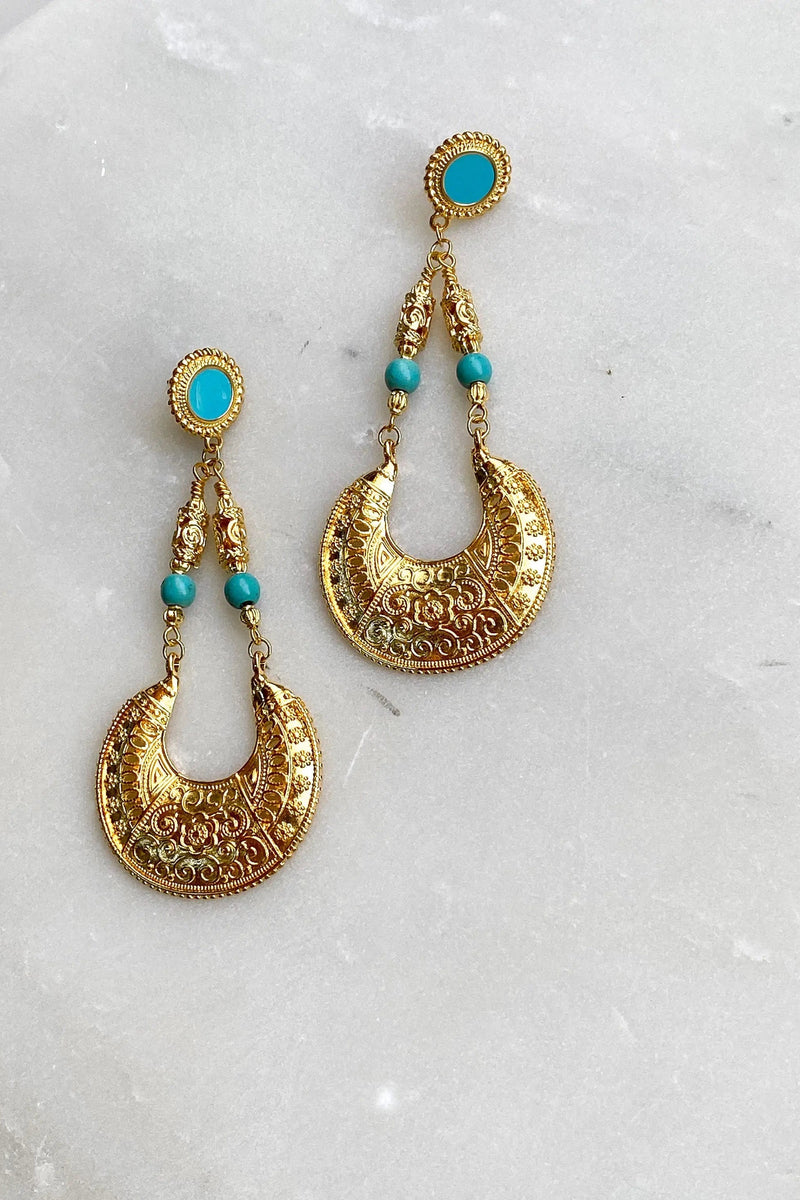 Statement oversize earrings, Boho chic earrings, Turquoise and gold Tribal Earrings,  Bijoux éthniques, Boucles d'oreilles, MYRTÓ