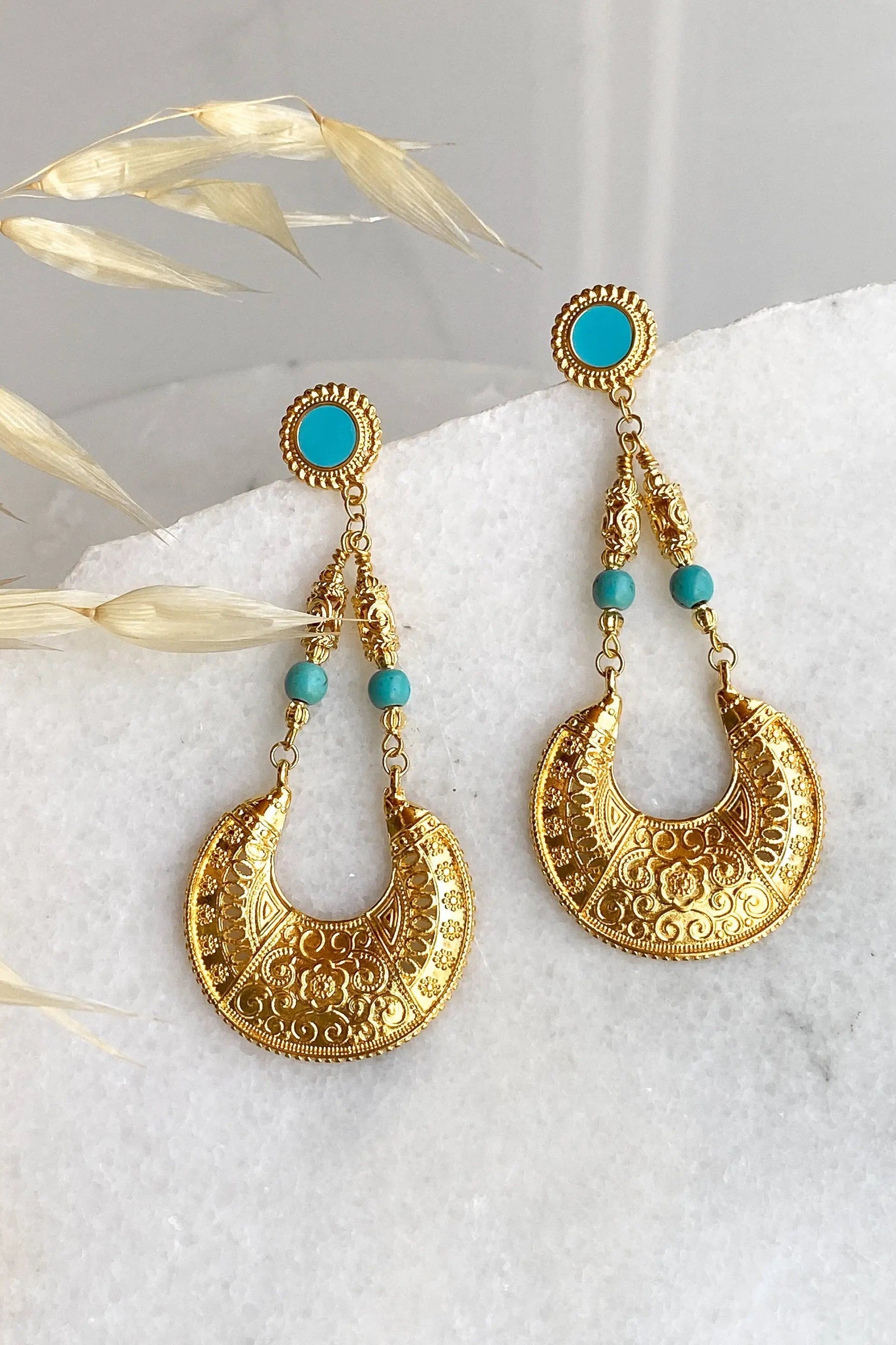 Big gold earrings, Chunky gold earrings, Oversize vintage style earrings, Dangle drop earrings, Turquoise stud Earrings, Boho Large earrings