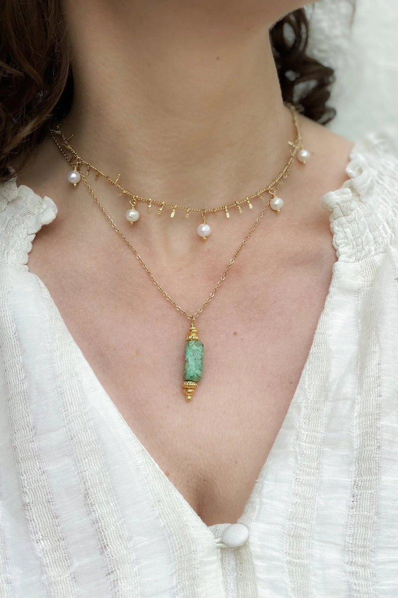 MYRINA Pearl charm pendant, Thin Gold chain necklace with gem charm, Chain with Amazonite, Agate, Dainty boho necklace, Collier pierre femme