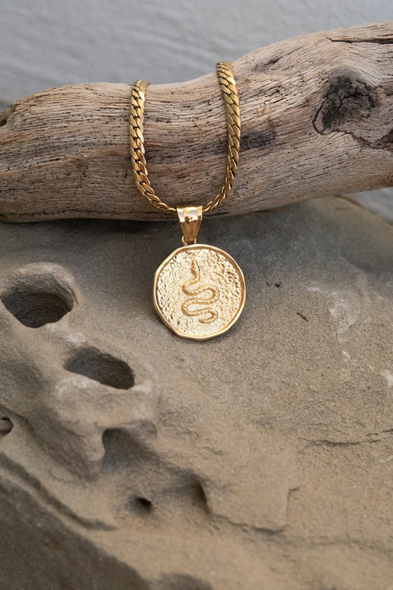 Snake Coin necklace, Collier serpent chaine or, Schlangenhalskette, Medallion Pendant Necklace