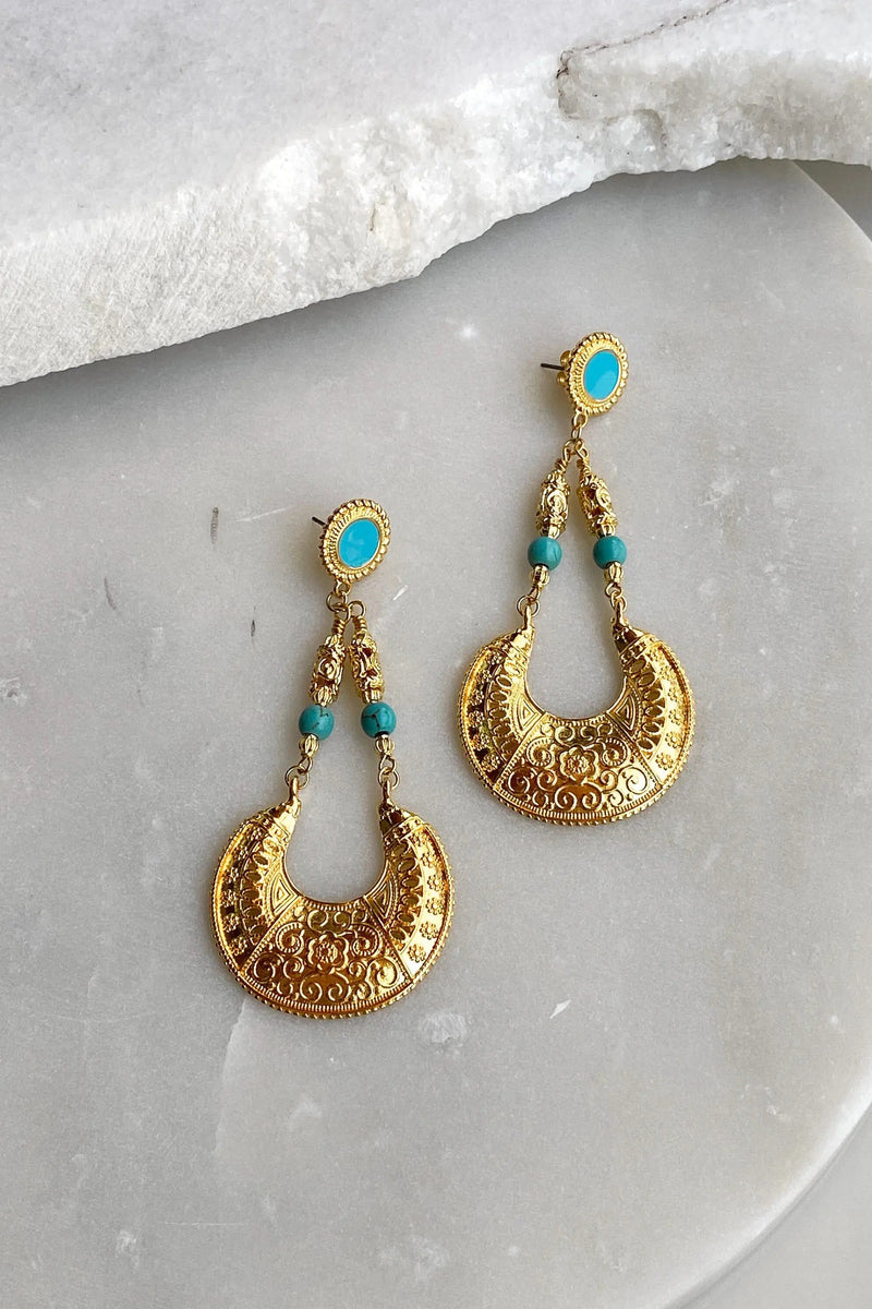Big gold earrings, Chunky gold earrings, Oversize vintage style earrings, Dangle drop earrings, Turquoise stud Earrings, Boho Large earrings
