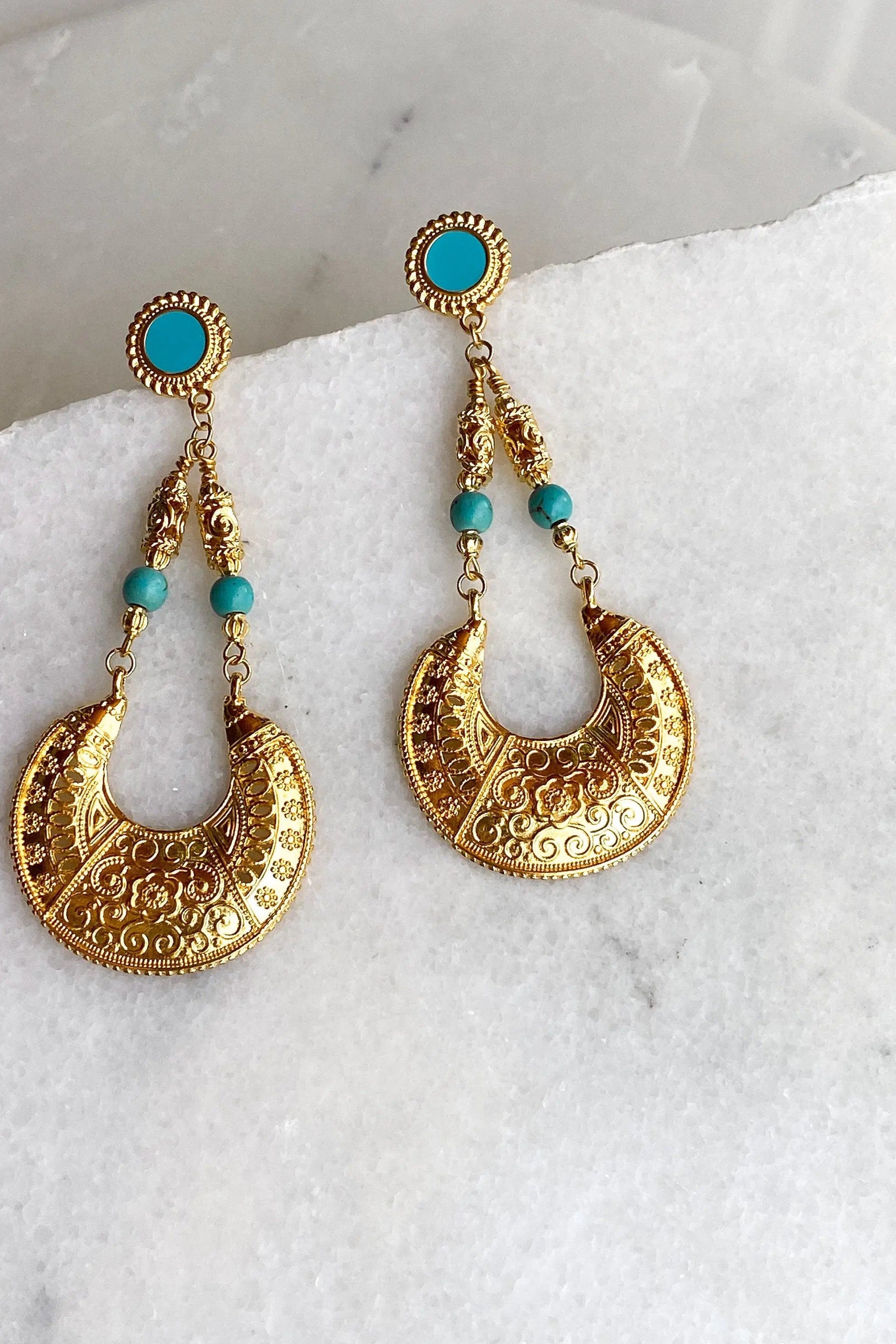 Big gold earrings, Chunky gold earrings, Oversize vintage style earrings, Dangle drop earrings, Turquoise stud Earrings, Boho Large earrings