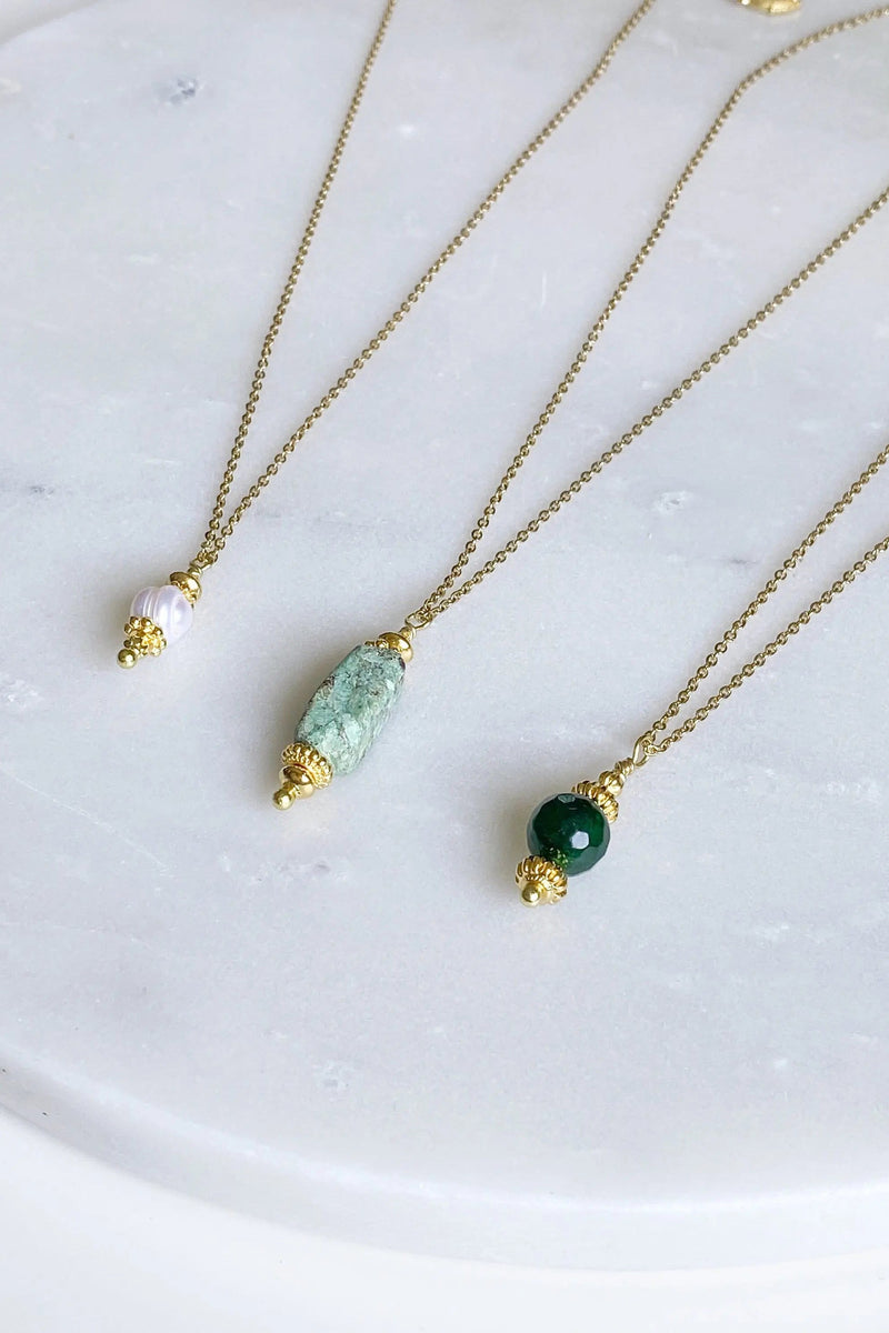 MYRINA Pearl charm pendant, Thin Gold chain necklace with gem charm, Chain with Amazonite, Agate, Dainty boho necklace, Collier pierre femme