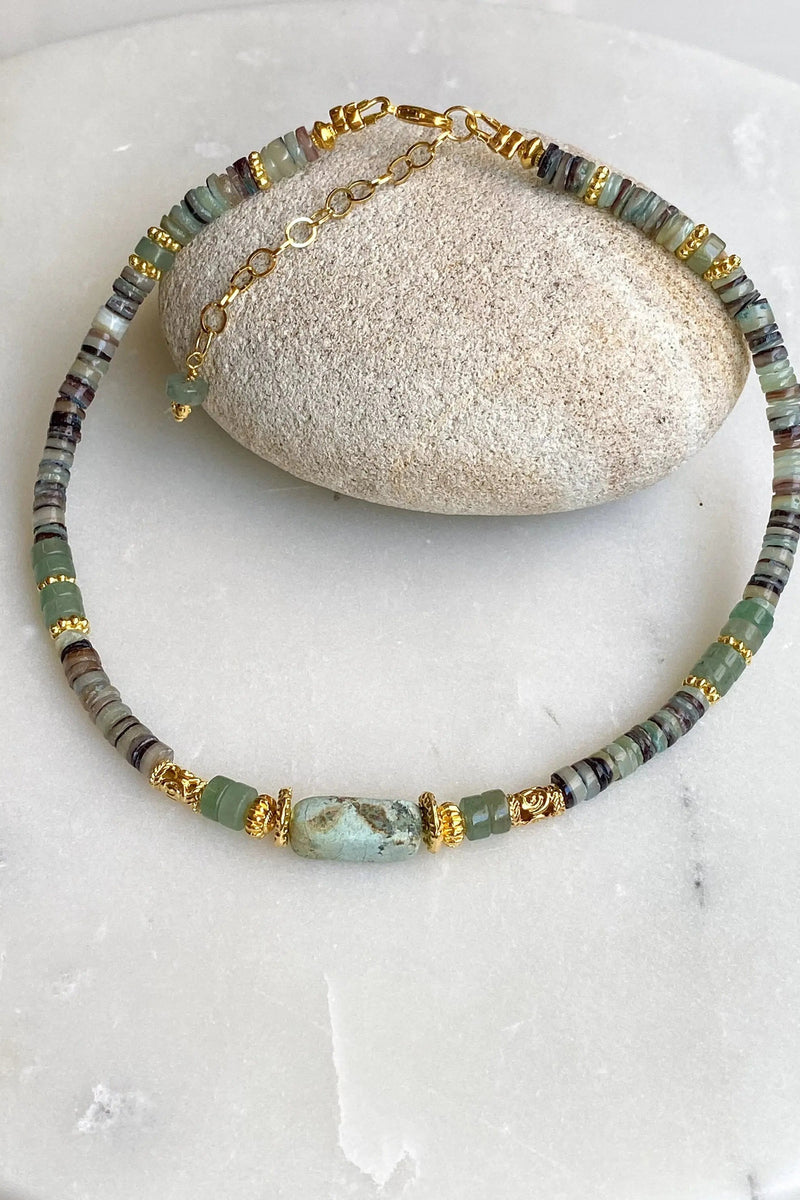 Heishi Necklace Aventurine Shell Necklace Statement Boho Necklace Surfer Choker African Stone Necklace