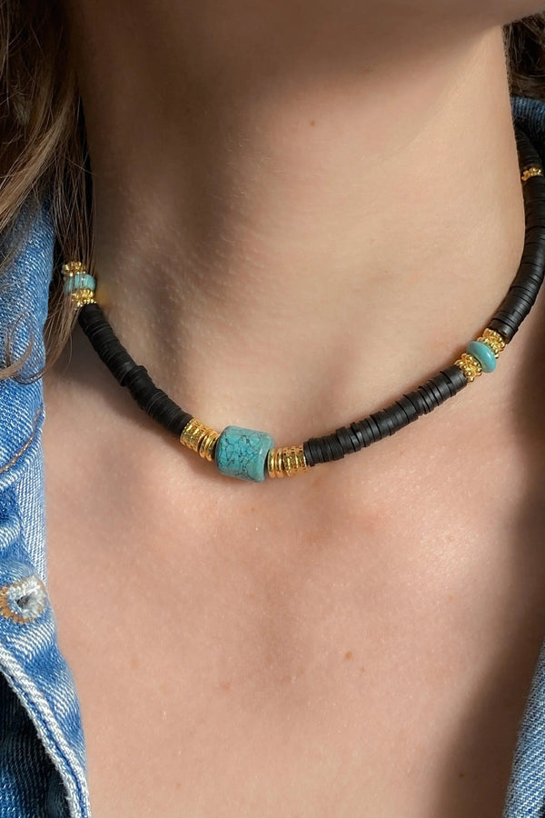 PHILIPPA Black, Turquoise stone necklace, Statement heishi necklace, Surfer's boho necklace, Collier femme boho