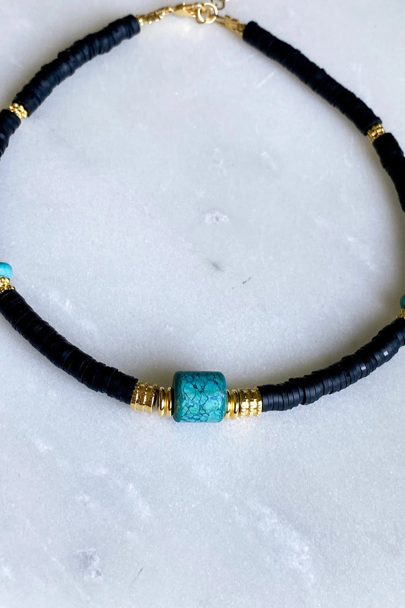 PHILIPPA Black, Turquoise stone necklace, Statement heishi necklace, Surfer's boho necklace, Collier femme boho