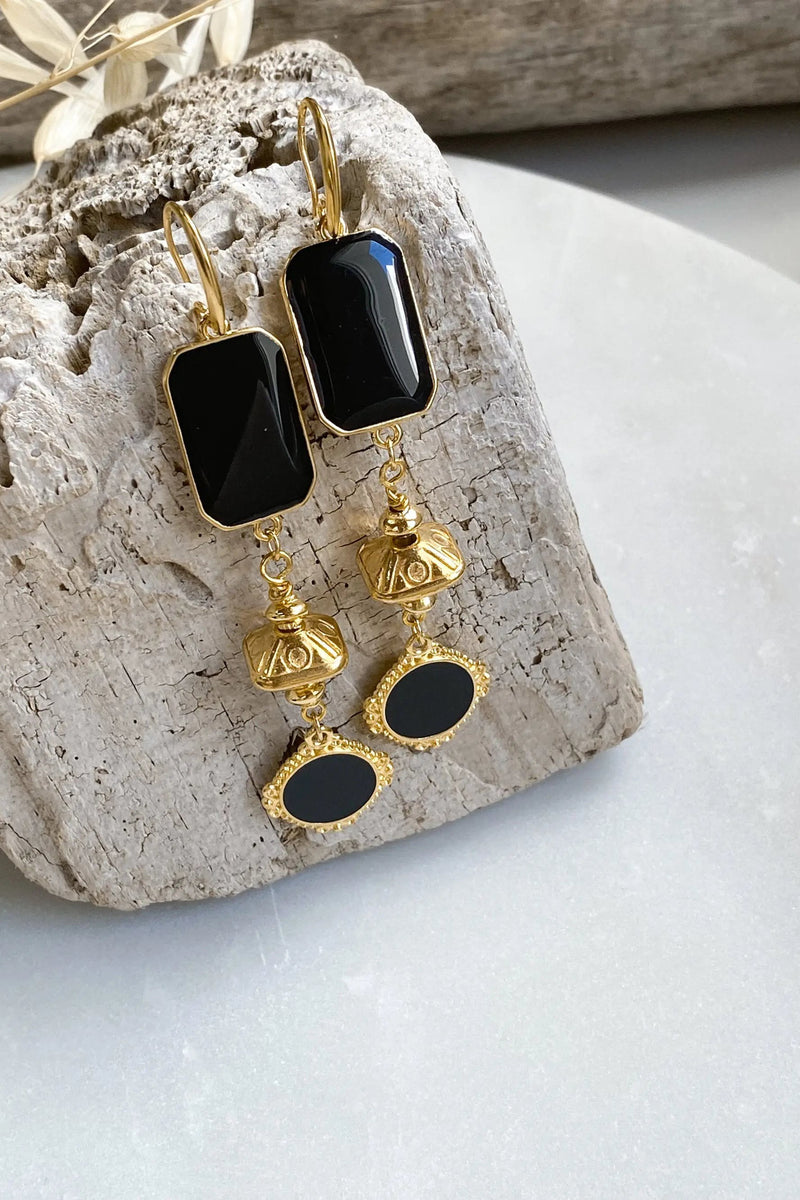 ONIRO Black and gold Boho earrings, Dangle Tribal Earrings, Bijoux éthniques, Boucles d'oreilles noir, Best friend gift, Ancient Earrings
