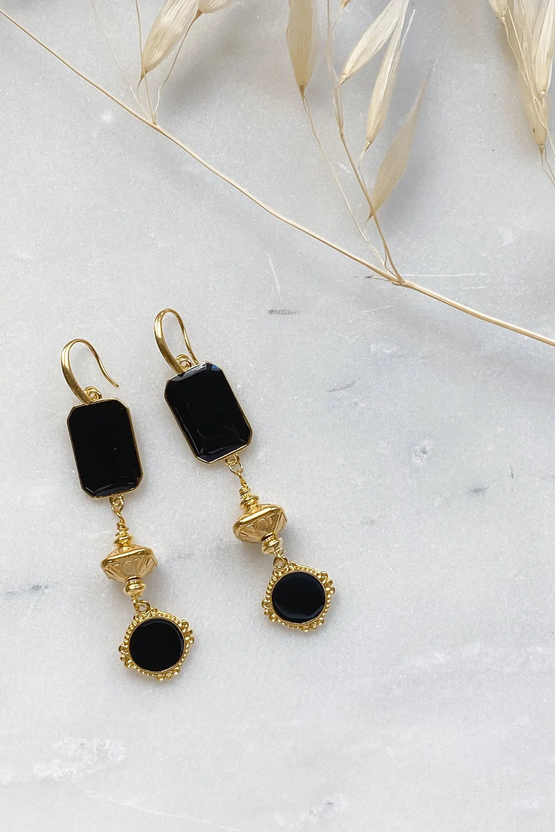 ONIRO Black and gold Boho earrings, Dangle Tribal Earrings, Bijoux éthniques, Boucles d'oreilles noir, Best friend gift, Ancient Earrings