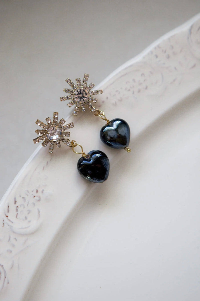BLACK crystal Heart Earrings, Puffy chunky hearts, Statement crystal star earrings, Big heart earrings of vintage style,Saint Valentine Gift