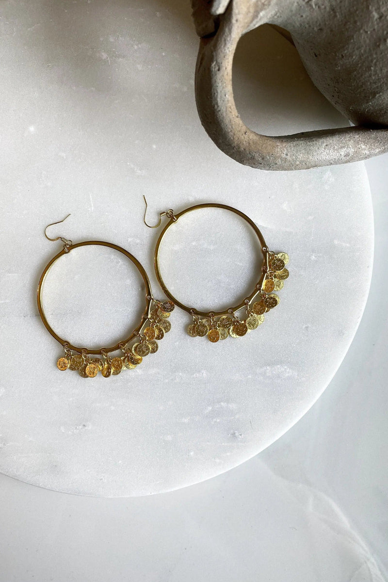 Boho Gypsy earrings, Unique Gold hoop earrings, Statement Dangle Earrings, Oversize hoops earrings, Gold Coin Earrings