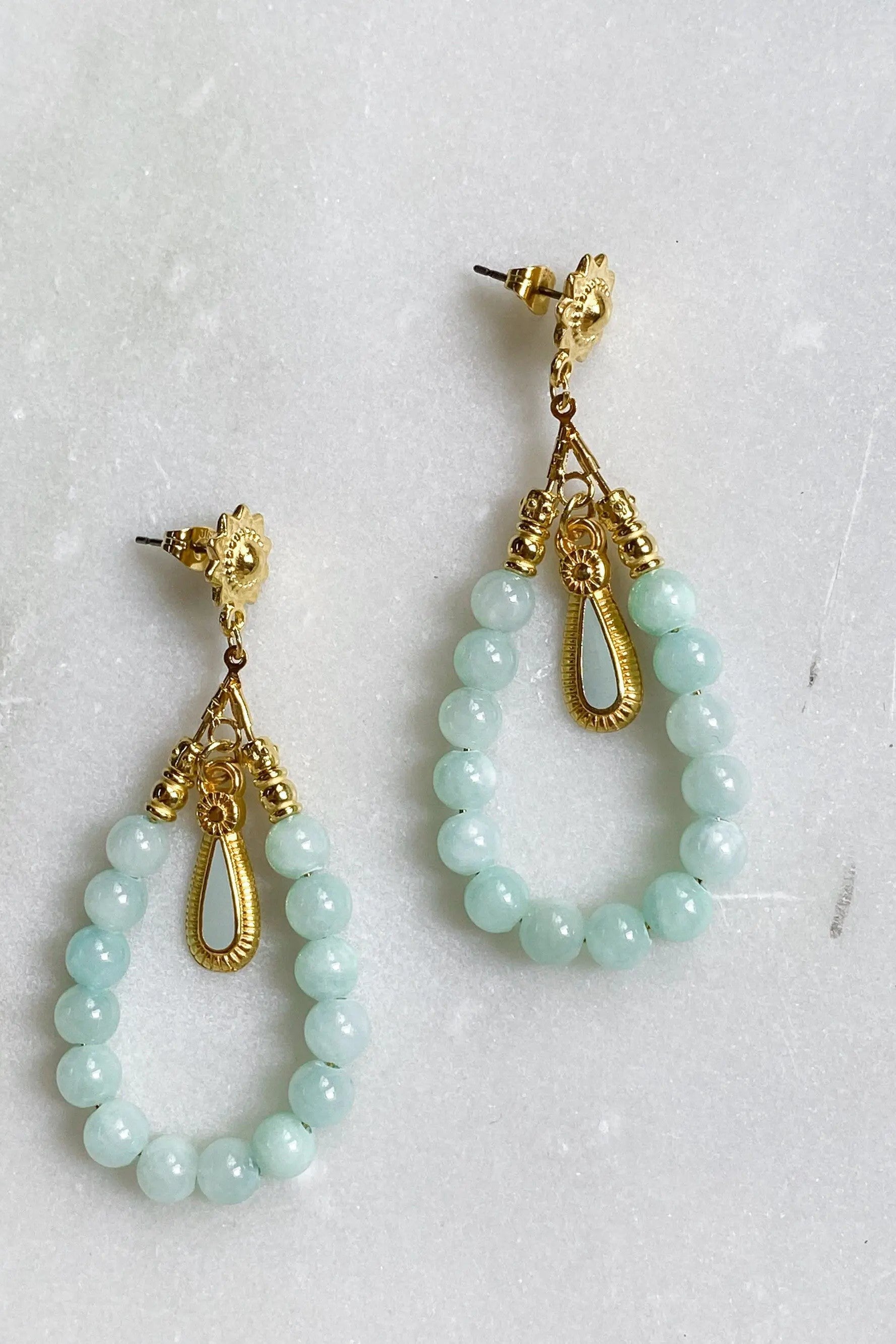 LUNO Oversize hoops earrings with jade beads, Statement turquoise tear drop earrings, Bohemian Gypsy earrings, Boho Dangle Earrings