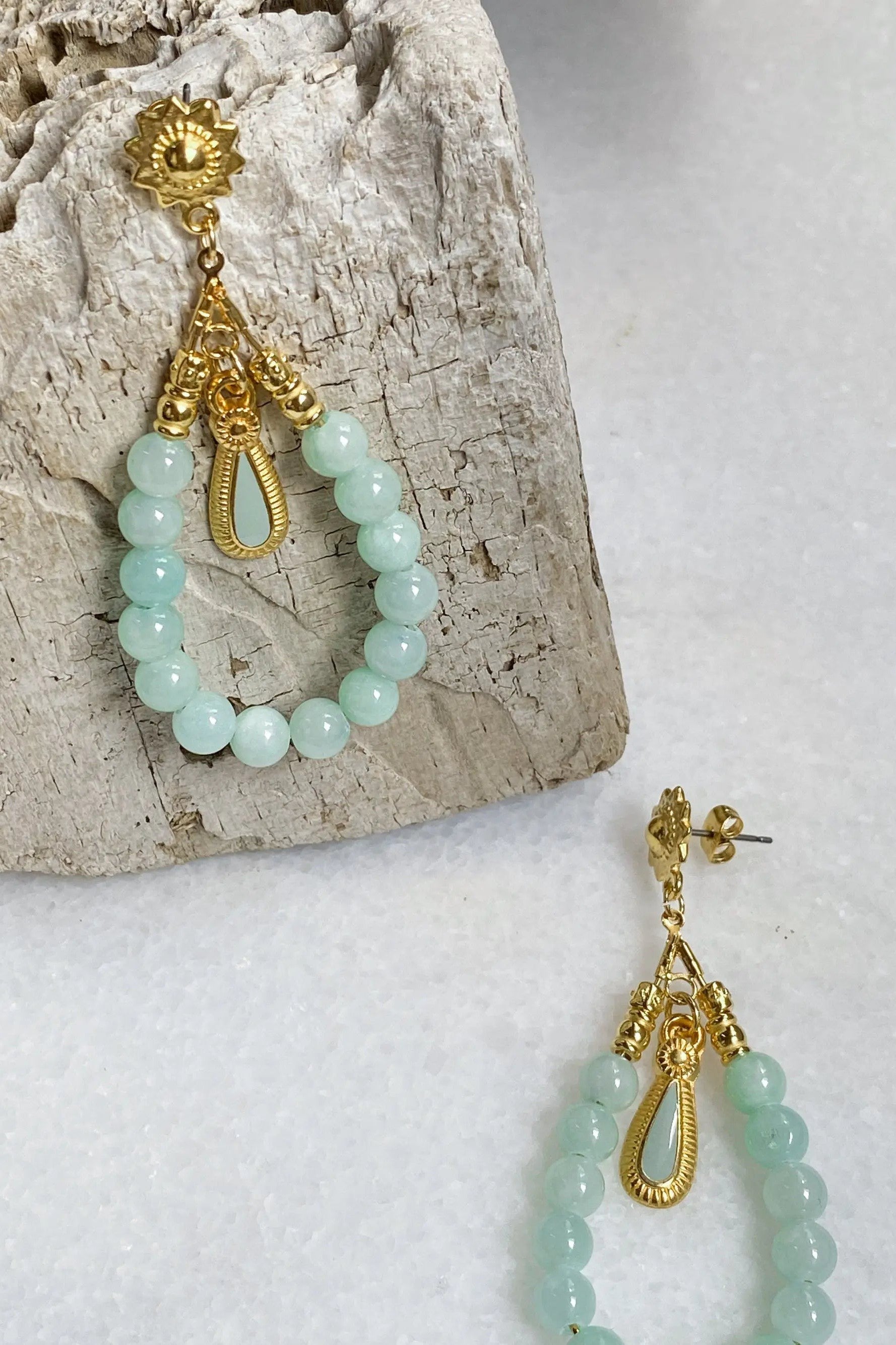 LUNO Oversize hoops earrings with jade beads, Statement turquoise tear drop earrings, Bohemian Gypsy earrings, Boho Dangle Earrings