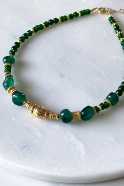 ROXANI Emerald Green Jade beaded necklace, Statement Green Crystal Necklace, Bijoux Ethniques, Surfer Boho chic choker necklace