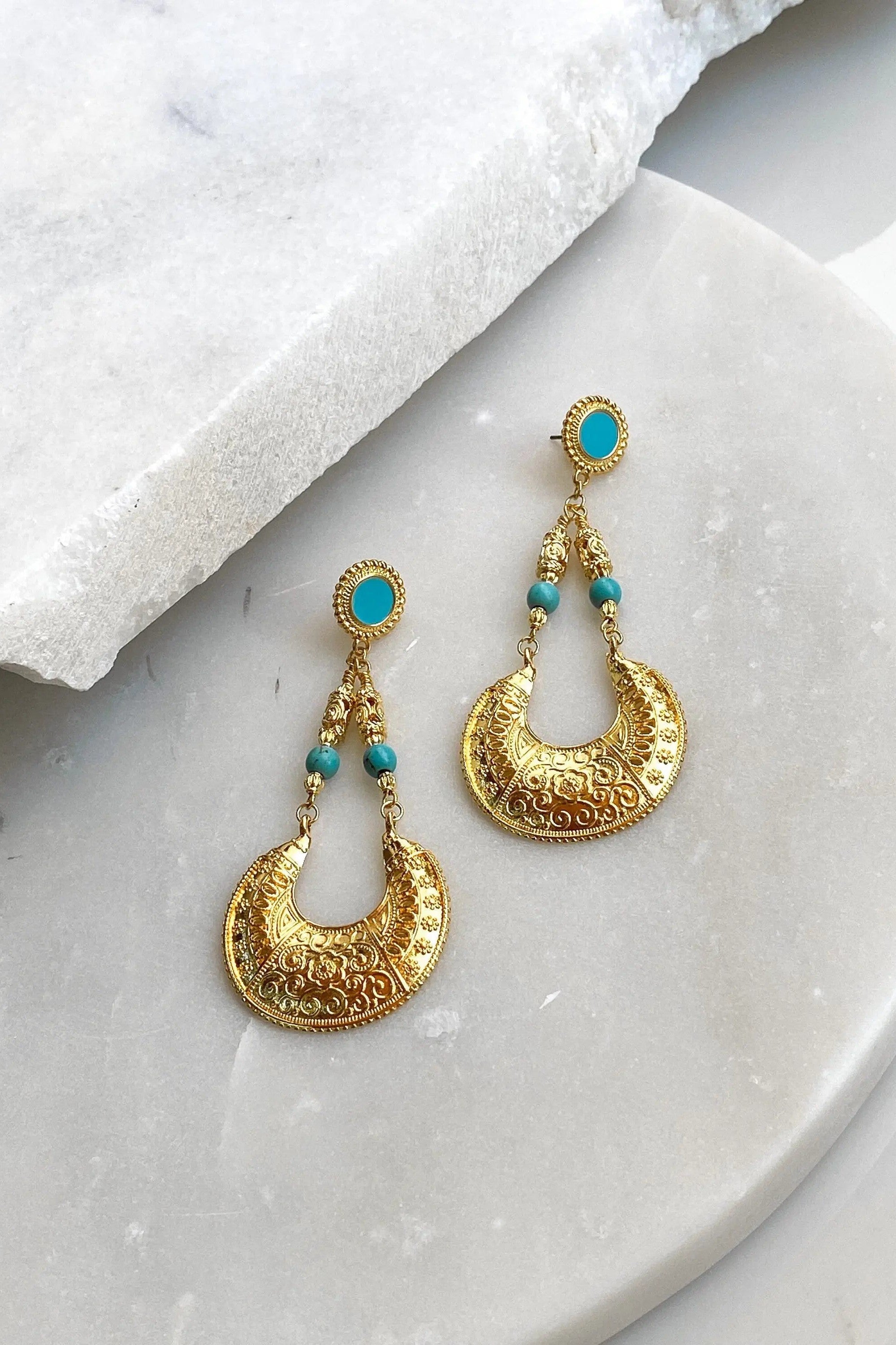 Big gold earrings, Chunky gold earrings, Oversize vintage style earrings, Dangle drop earrings, Turquoise stud Earrings, Boho Large earrings