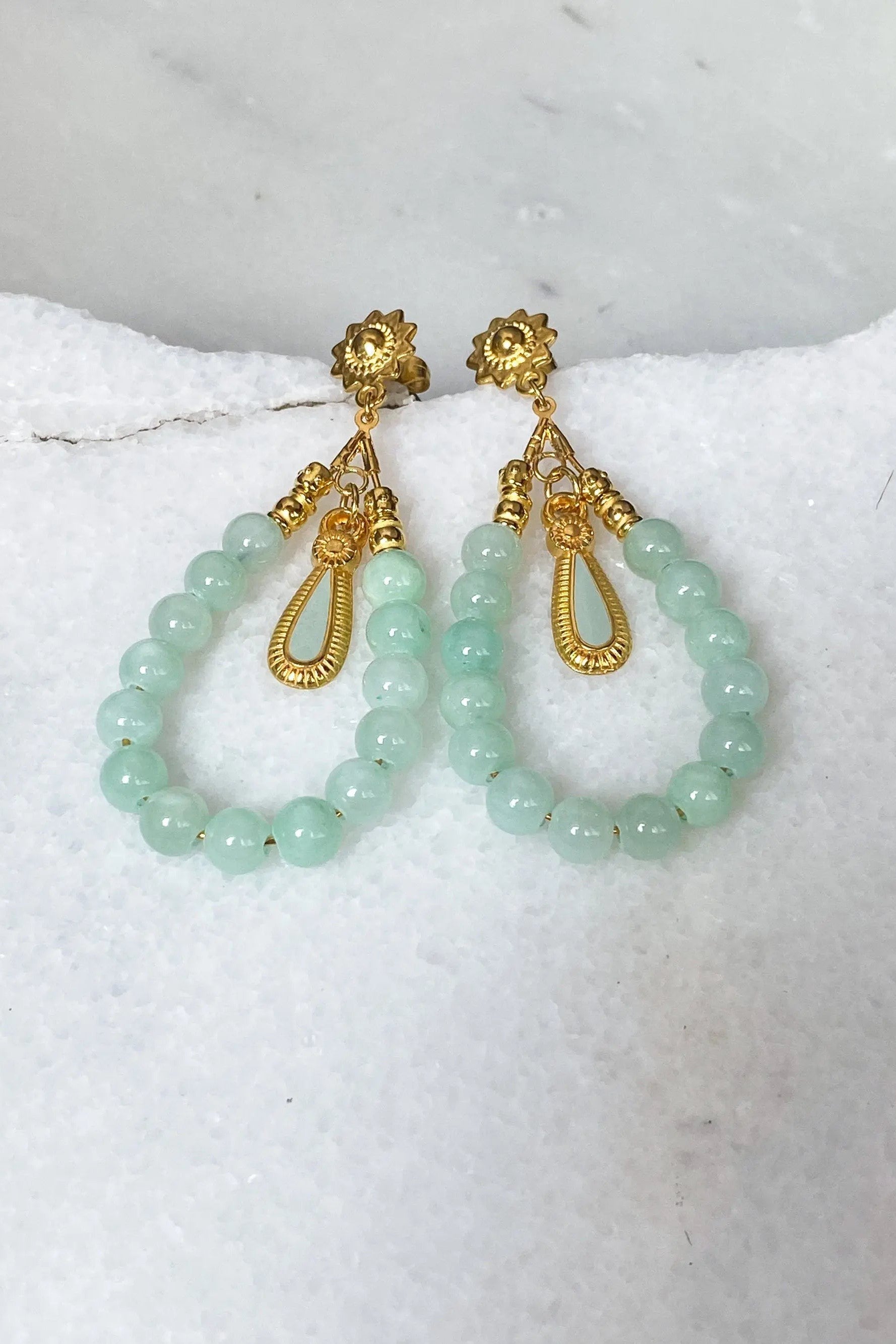 LUNO Oversize hoops earrings with jade beads, Statement turquoise tear drop earrings, Bohemian Gypsy earrings, Boho Dangle Earrings