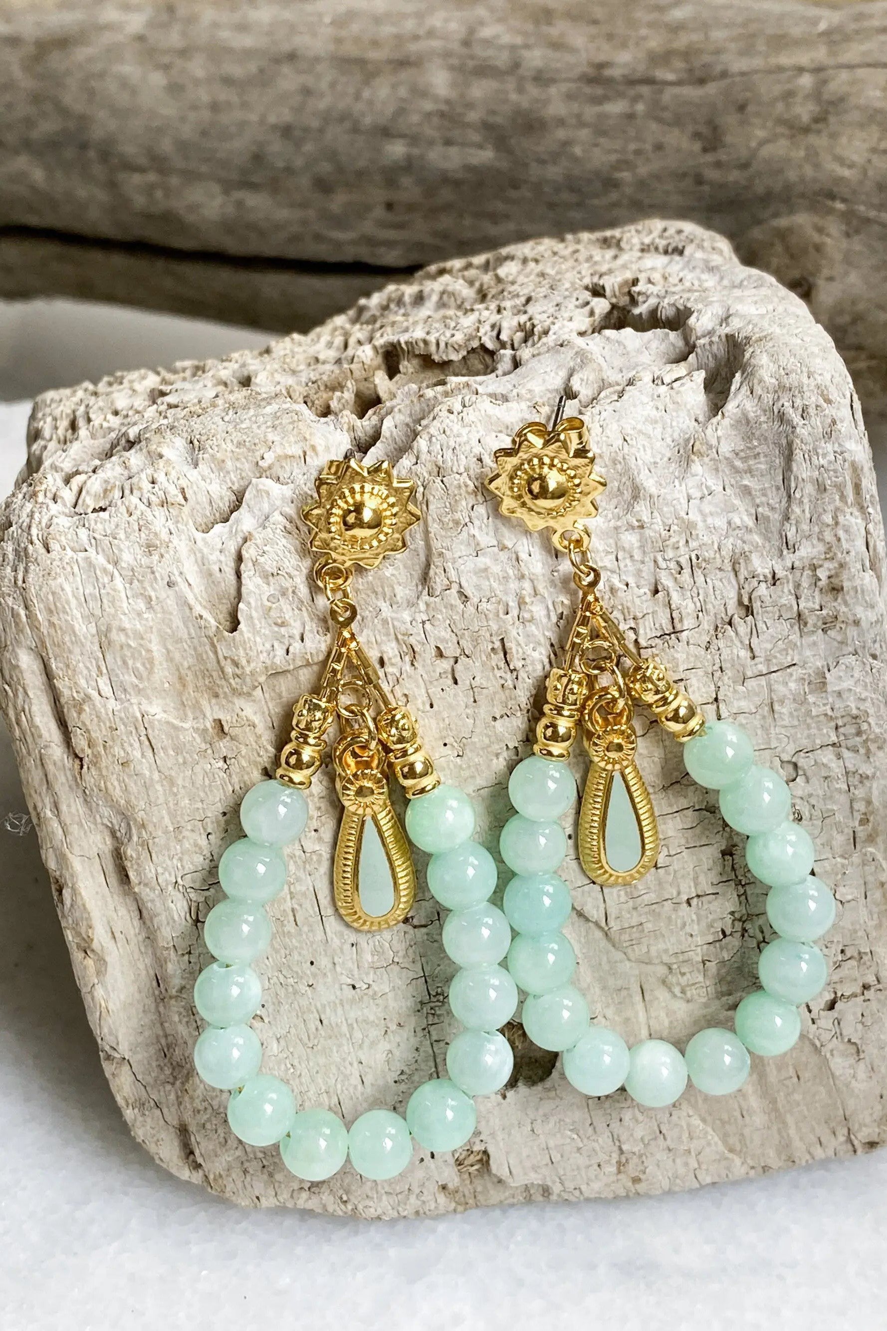 LUNO Oversize hoops earrings with jade beads, Statement turquoise tear drop earrings, Bohemian Gypsy earrings, Boho Dangle Earrings