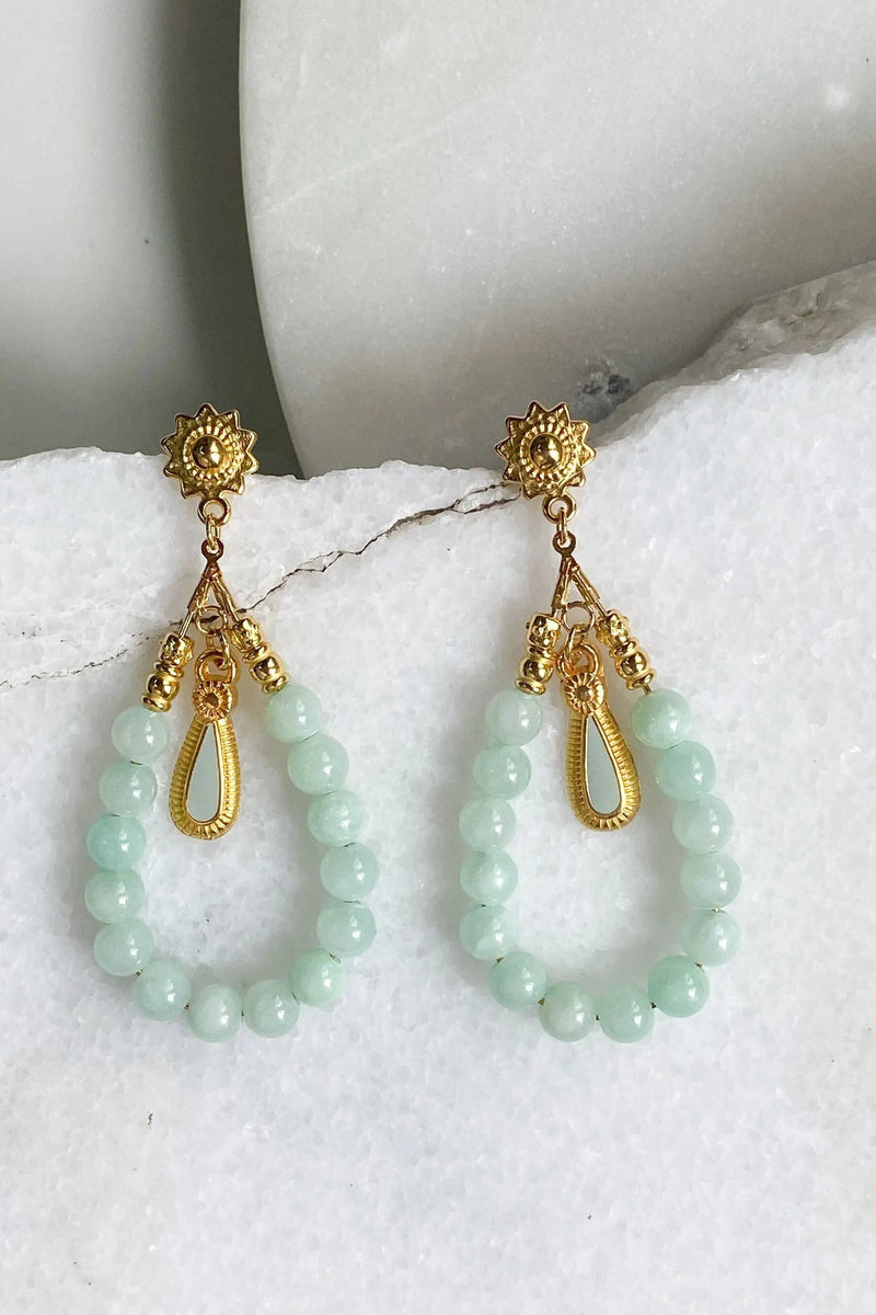 LUNO Oversize hoops earrings with jade beads, Statement turquoise tear drop earrings, Bohemian Gypsy earrings, Boho Dangle Earrings