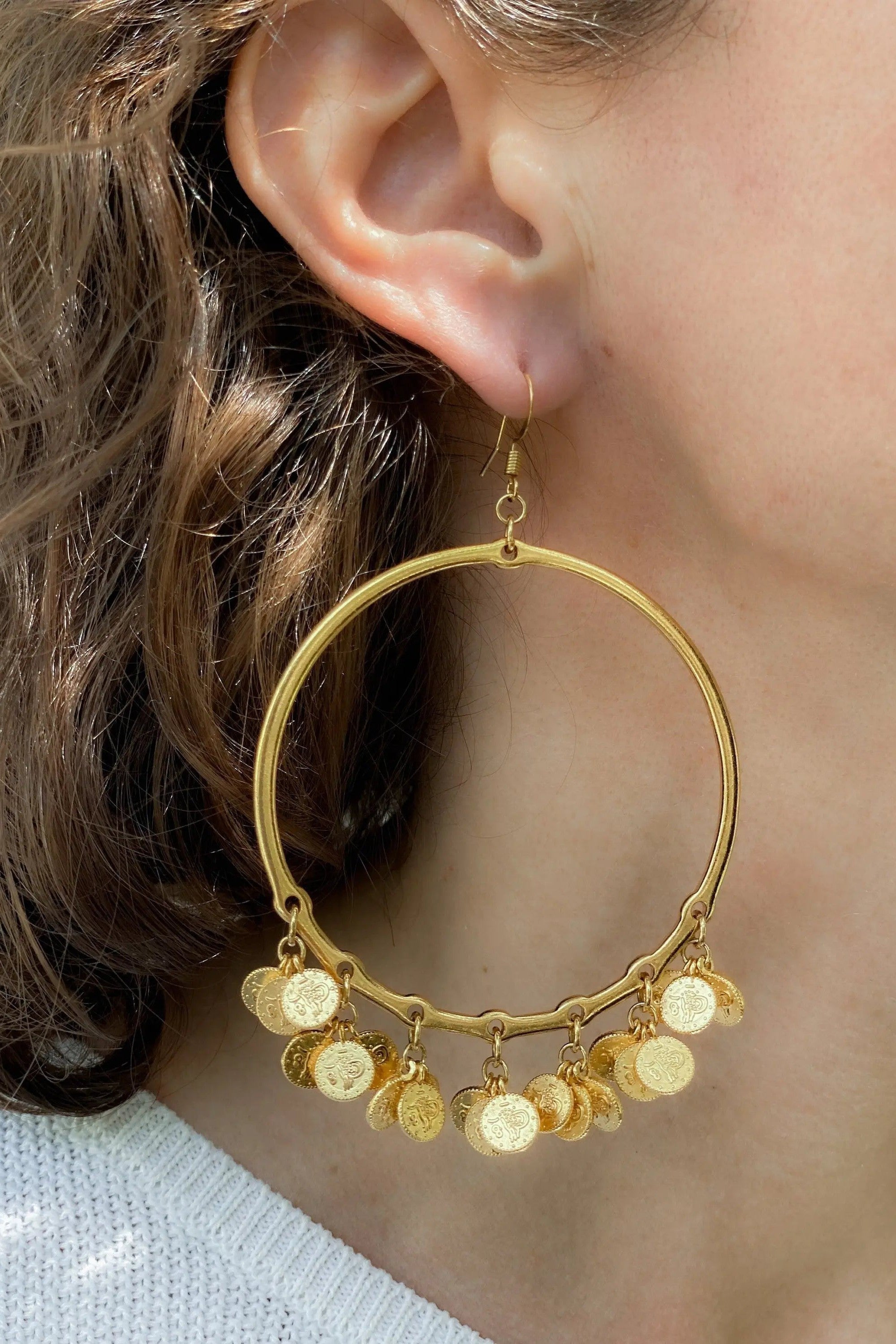 Oversize hoops earrings with Gold Coins, Statement Gold hoop earrings, Bohemian Gypsy earrings, Boho Dangle Earrings