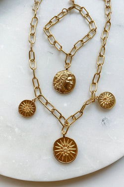 ALEXANDER charm bracelet, Big Gold Coin bracelet, Statement Thick chain bracelet, Chunky Greek Coin Medaillon, Vintage style bracelet