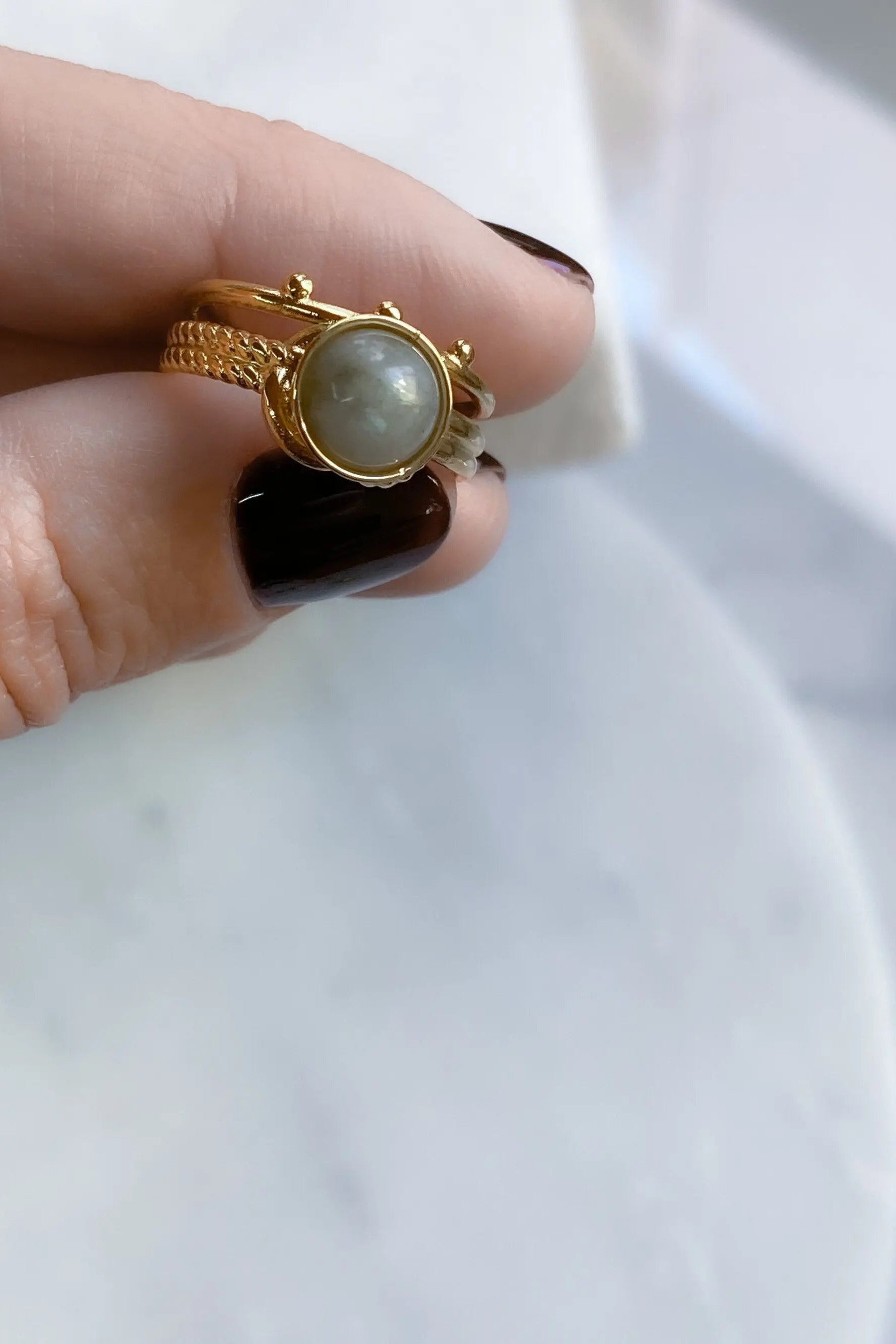 HERMINA Gold Stone Ring, Grey Labradorite stone Ring, Elegant boho chic Damen Ring,Stainless steel Adjustable ring for women, Bague Pierre