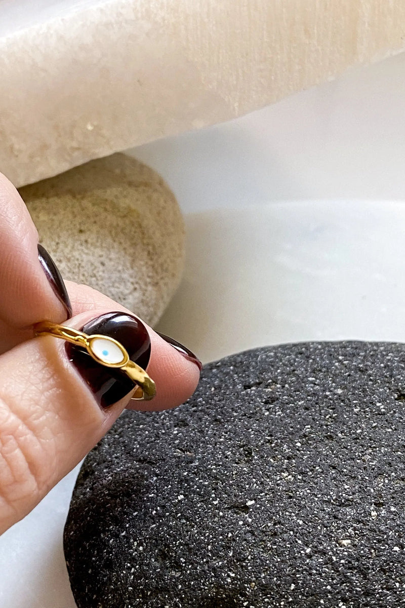 EYE Evil eye gold ring, All seeing ring, Protection blue eye ring, Thin band Boho summer Ring, Gold stackable ring