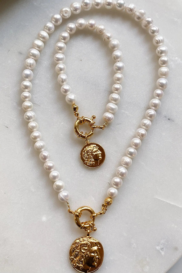 ALEXANDER charm bracelet, Gold Coin pearls bracelet, Statement big pearls bracelet, Greek Coin bracelet, Vintage style pearls bracelet
