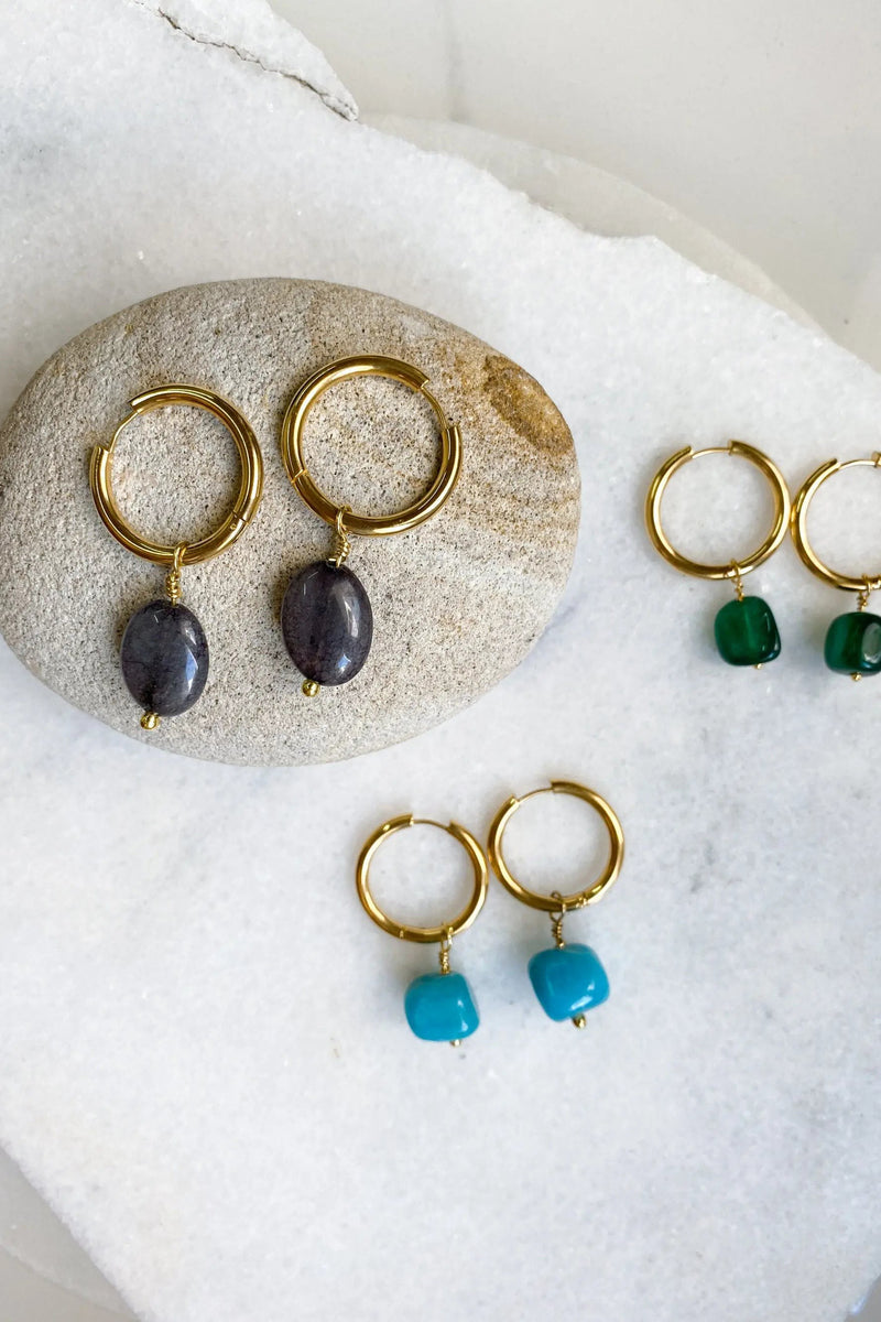 SORAYA Large Hoop Earrings with jade or agate stone charm , Gold Hoop Earrings, Minimalist cute earrings, Boho chic stone earrings