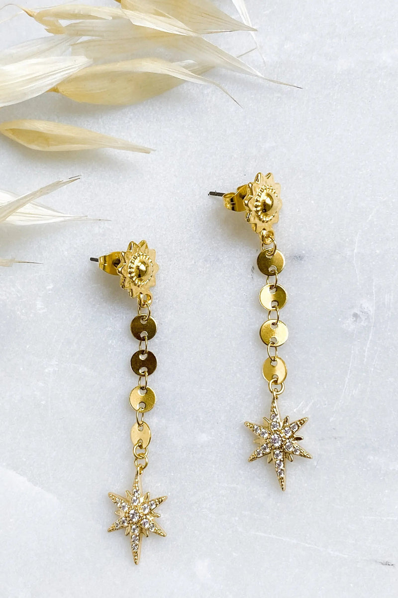 Cz NORTH STAR Chain Earrings, Star Drop Earrings, Starburst Zircon earrings, Long Celestial Earrings, Gold dangle earrings, Gift for her