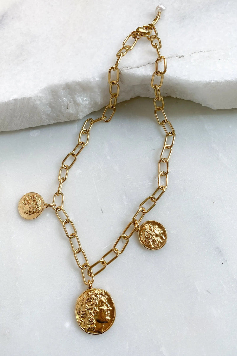 ALEXANDER charm bracelet, Big Gold Coin bracelet, Statement Thick chain bracelet, Chunky Greek Coin Medaillon, Vintage style bracelet