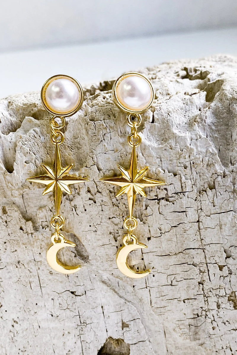 Gold celestial Earrings, Moon & star long drop earrings, Dainty crescent moon earrings, Pearl Stud and drop Earrings, Christmas Earrings