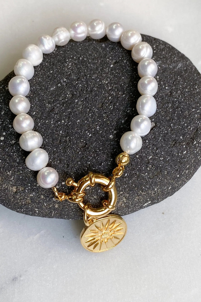 ALEXANDER charm bracelet, Gold Coin pearls bracelet, Statement big pearls bracelet, Greek Coin bracelet, Vintage style pearls bracelet