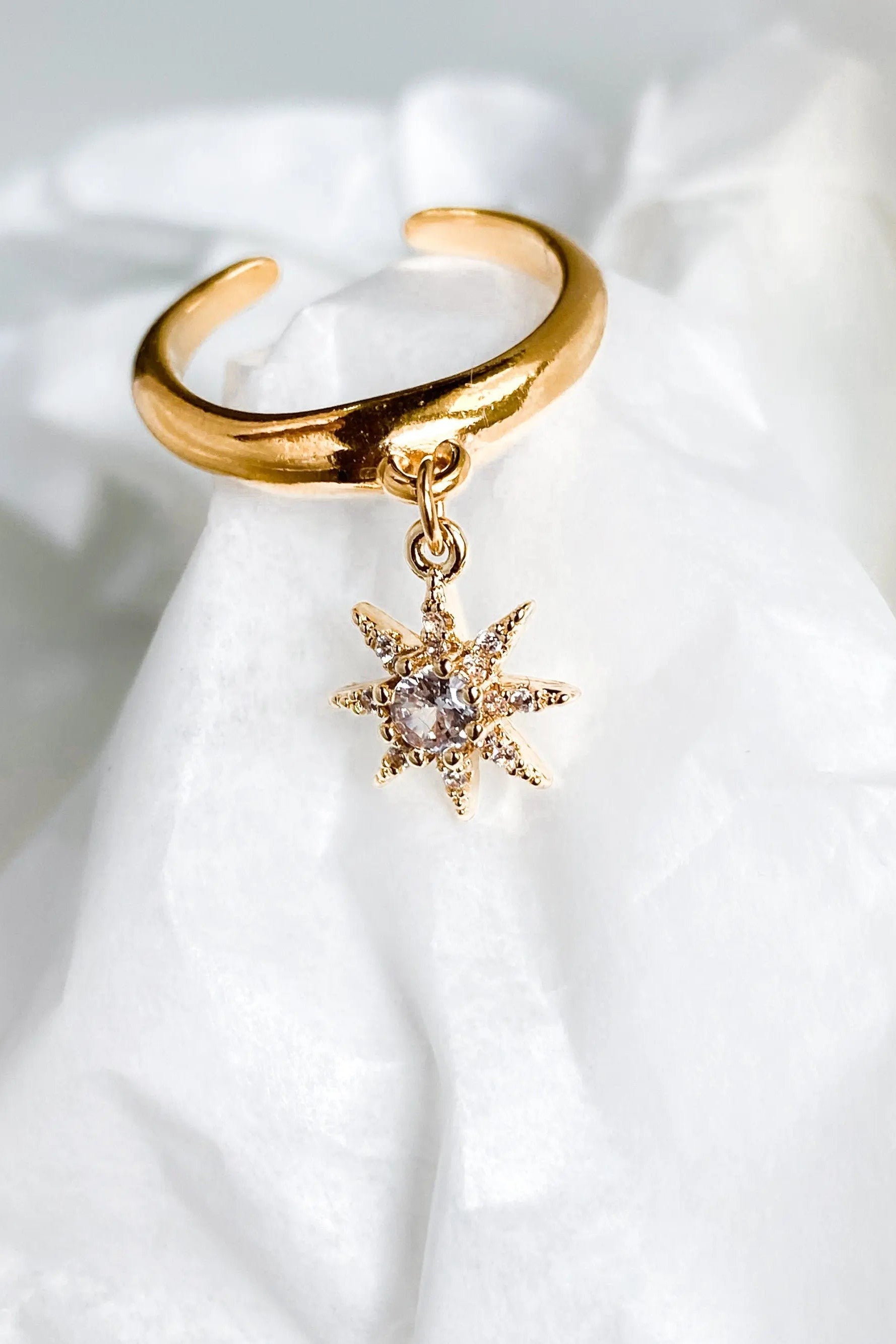 Dainty zircon star ring, Thin band ring with star charm pendant, Gold adjustable ring, Winter jewelry, Zircon diamond star ring