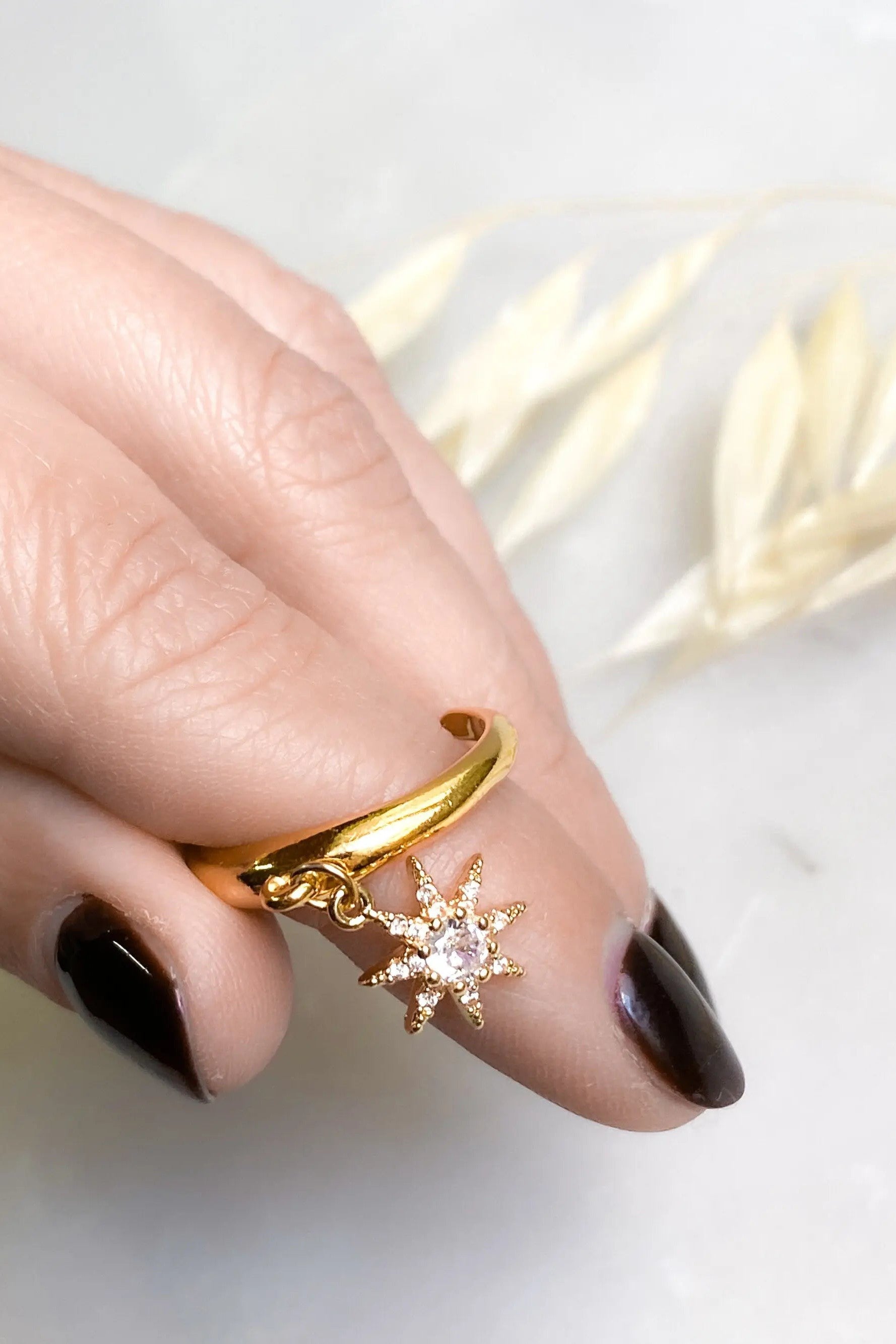 Dainty zircon star ring, Thin band ring with star charm pendant, Gold adjustable ring, Winter jewelry, Zircon diamond star ring