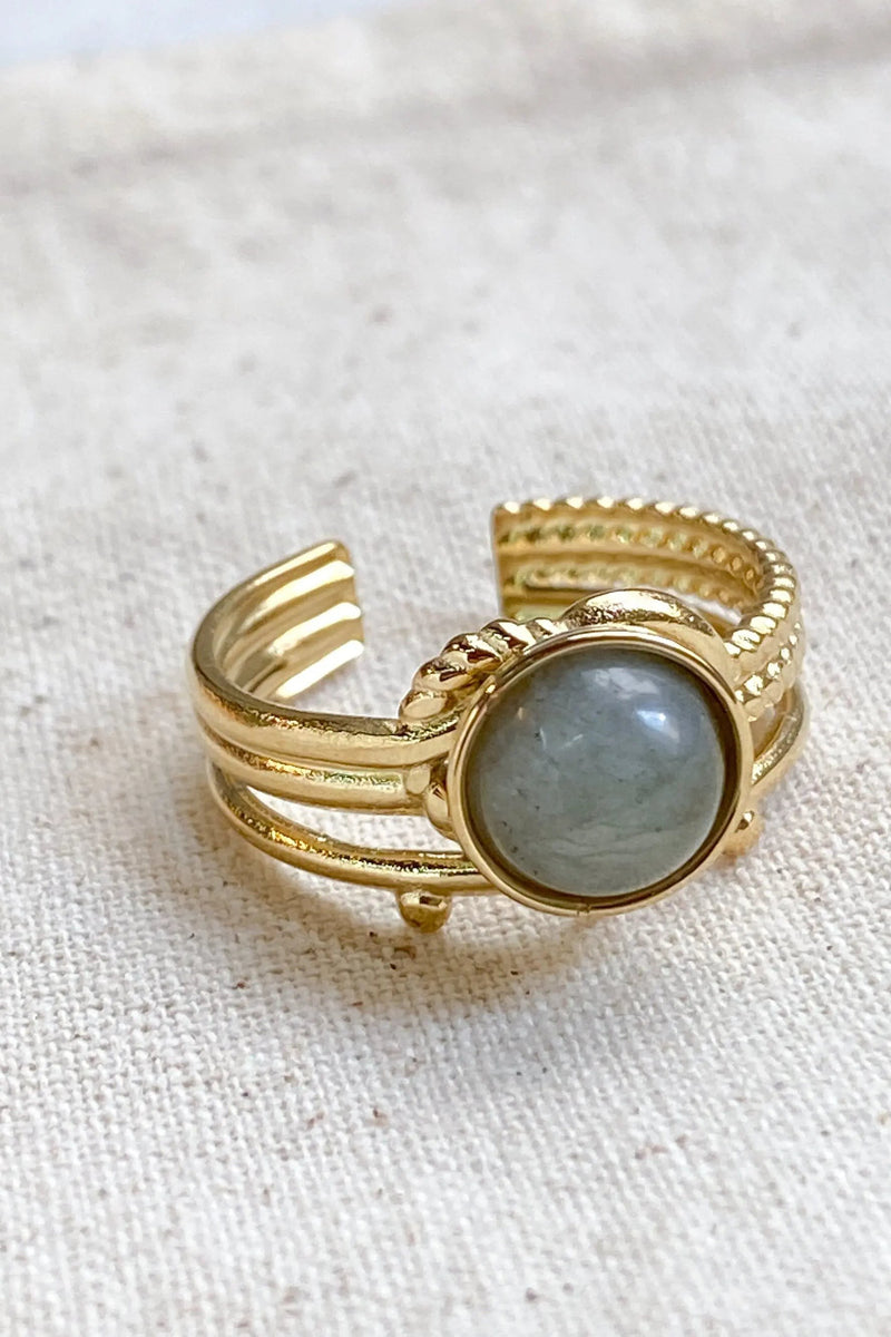 HERMINA Gold Stone Ring, Grey Labradorite stone Ring, Elegant boho chic Damen Ring,Stainless steel Adjustable ring for women, Bague Pierre