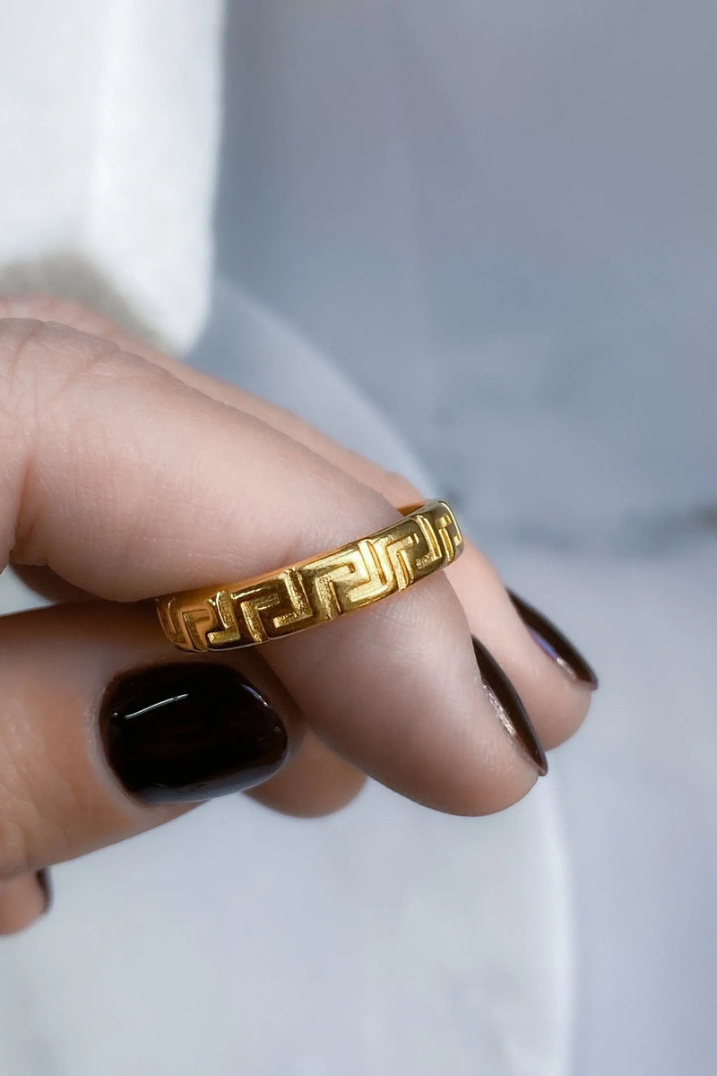 MEANDER Gold band Ring, Ancient Greek pattern Ring, Elegant boho chic Damen Ring, Adjustable ring for women, Bijoux ethniques