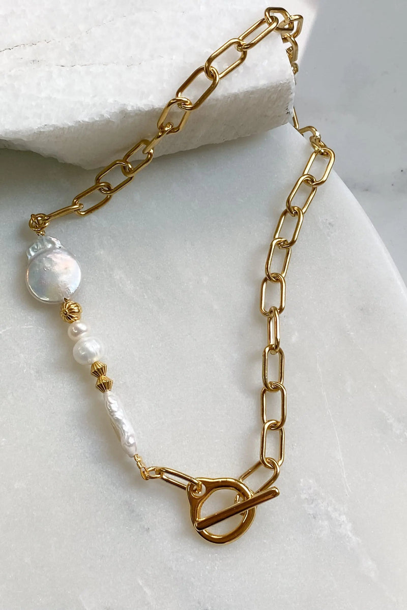 ZOE Freshwater Pearl necklace and paperclip gold chain, Baroque pearl choker necklace, Boho pearl choker, Pearl wedding necklace