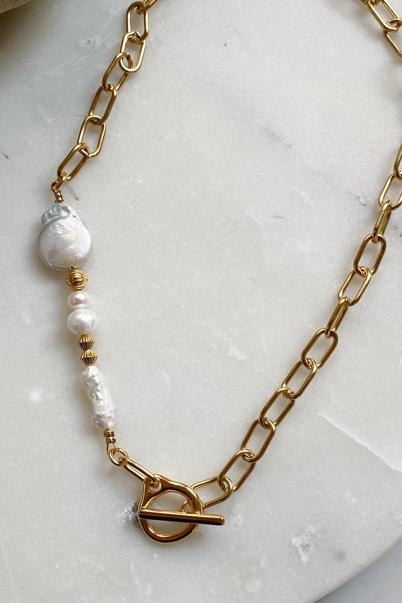 ZOE Freshwater Pearl necklace and paperclip gold chain, Baroque pearl choker necklace, Boho pearl choker, Pearl wedding necklace