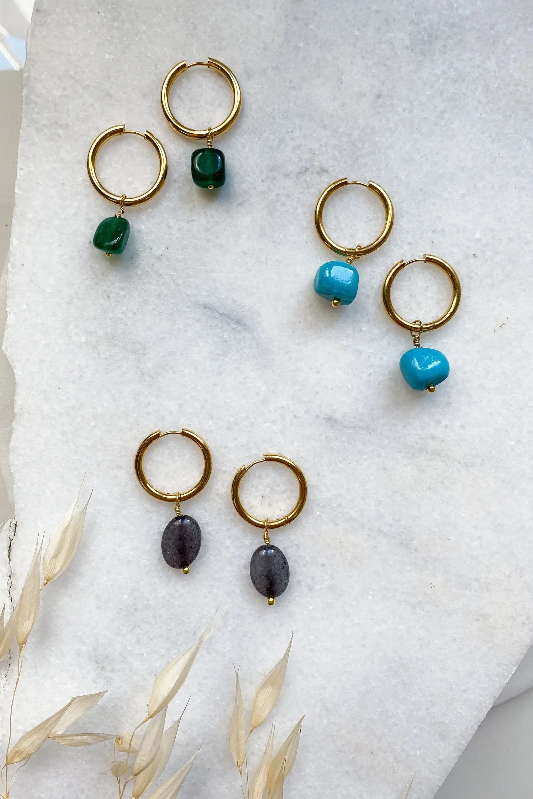 SORAYA Large Hoop Earrings with jade or agate stone charm , Gold Hoop Earrings, Minimalist cute earrings, Boho chic stone earrings