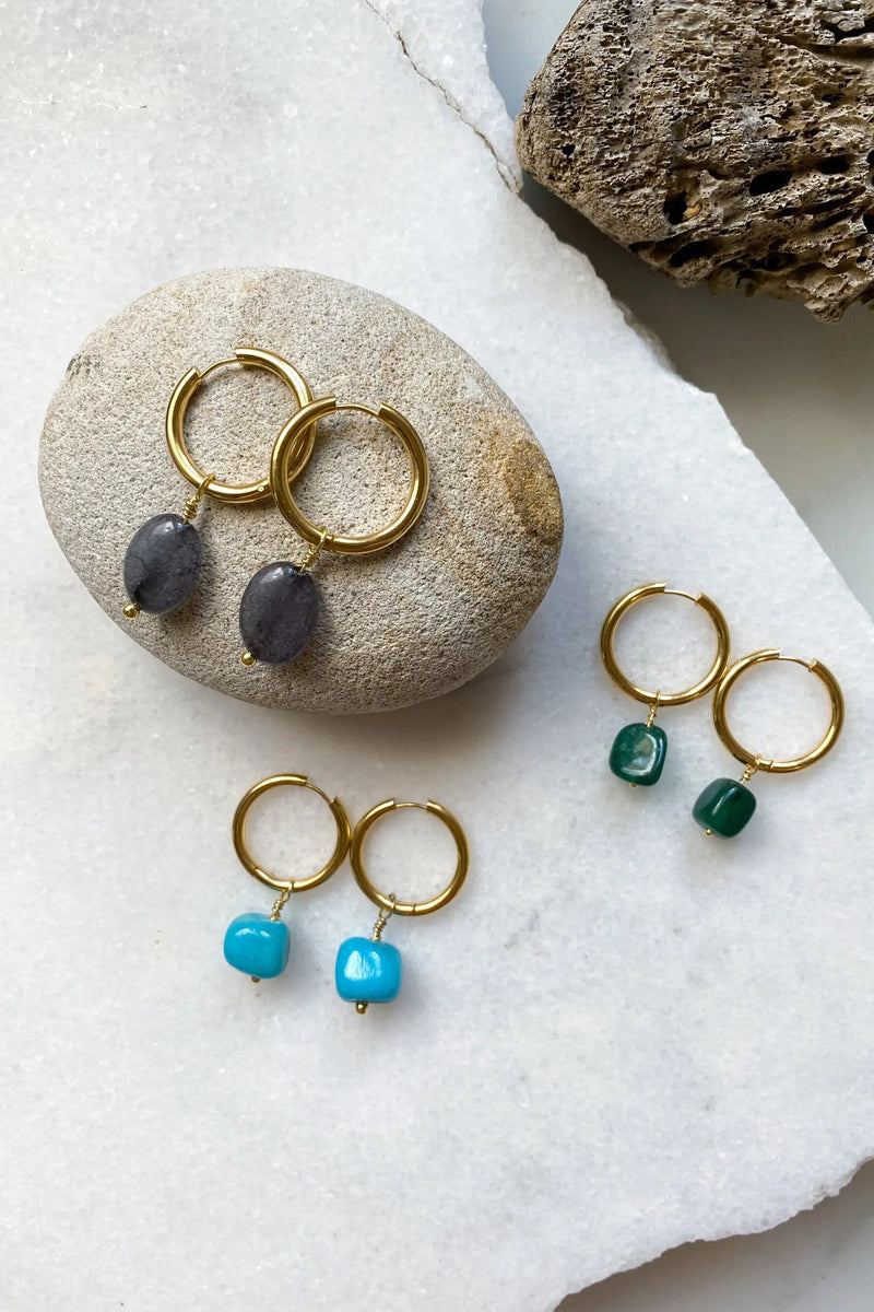 SORAYA Large Hoop Earrings with jade or agate stone charm , Gold Hoop Earrings, Minimalist cute earrings, Boho chic stone earrings