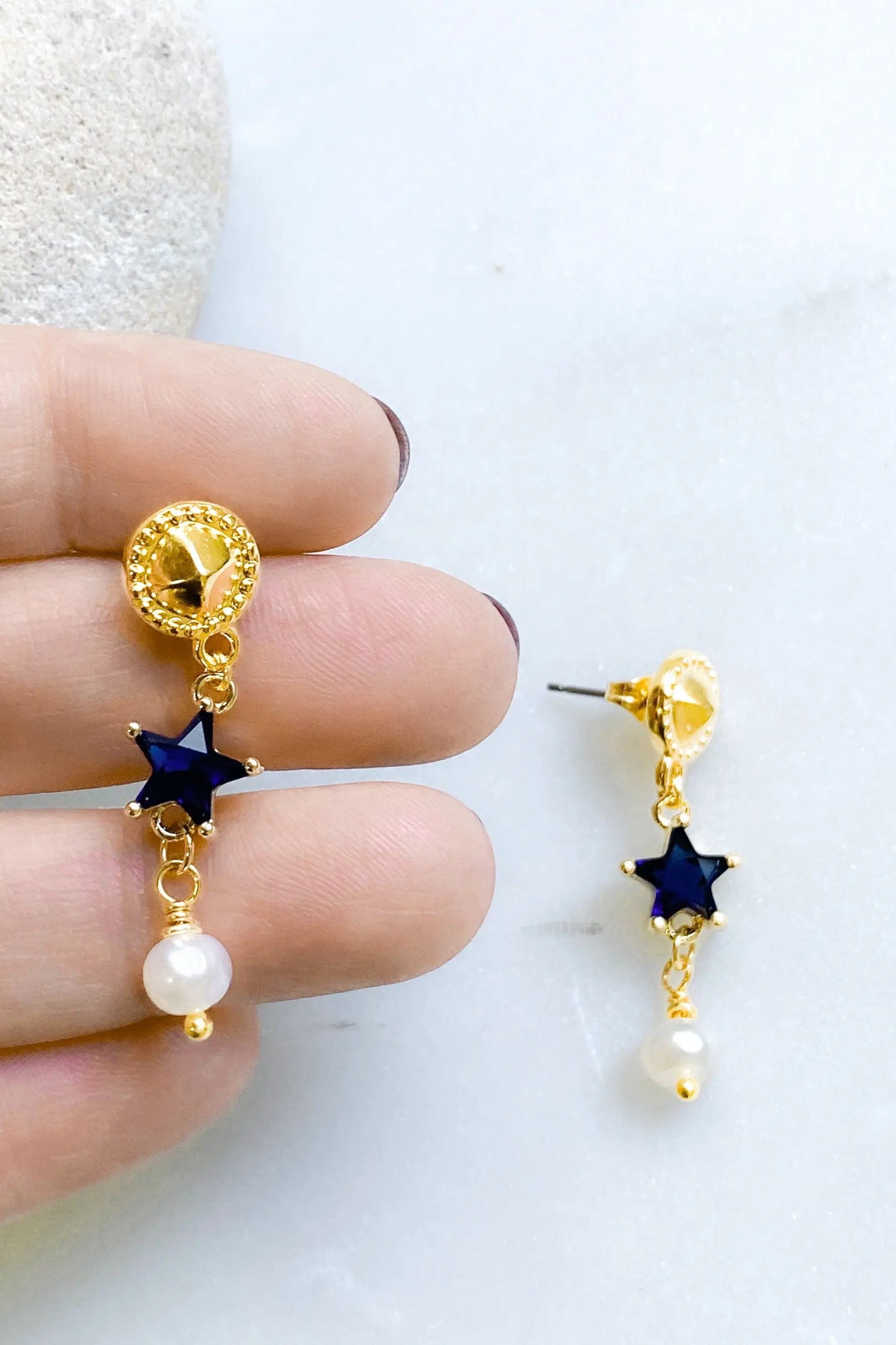 STAR dangle drop earrings, Blue zircon star earrings, Cute dainty long earrings, Gold Celestial Stud Earrings, Christmas gift for her