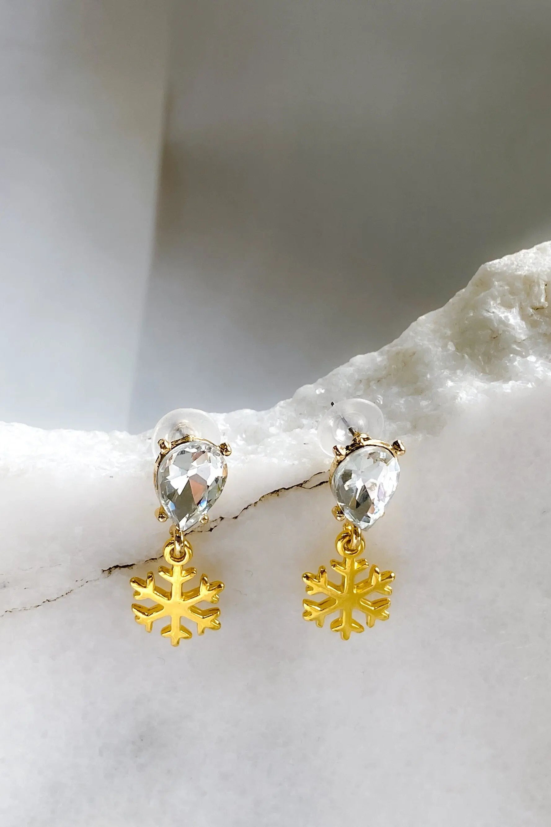 Gold Snowflake Earrings, Large Crystal Teardrop Earrings, Christmas earrings, Cute winter earrings, Y2K jewelry