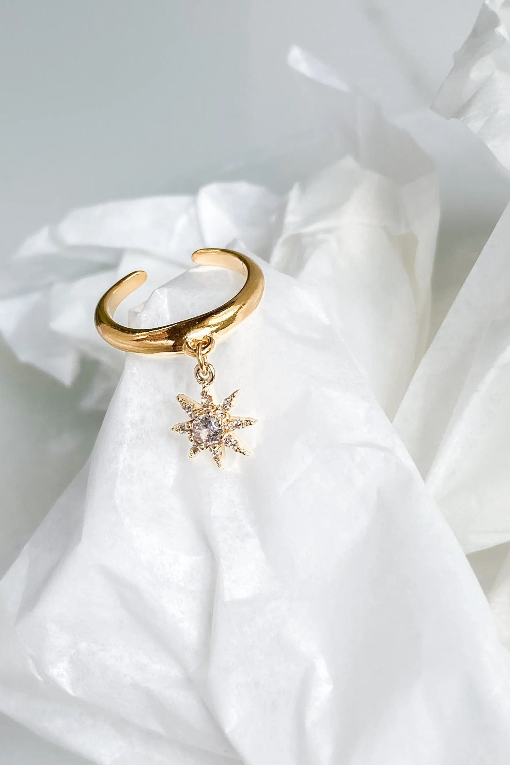 Dainty zircon star ring, Thin band ring with star charm pendant, Gold adjustable ring, Winter jewelry, Zircon diamond star ring