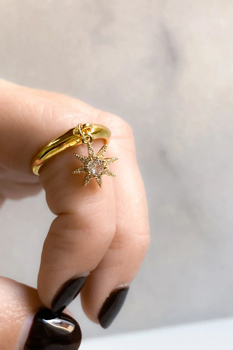 Dainty zircon star ring, Thin band ring with star charm pendant, Gold adjustable ring, Winter jewelry, Zircon diamond star ring