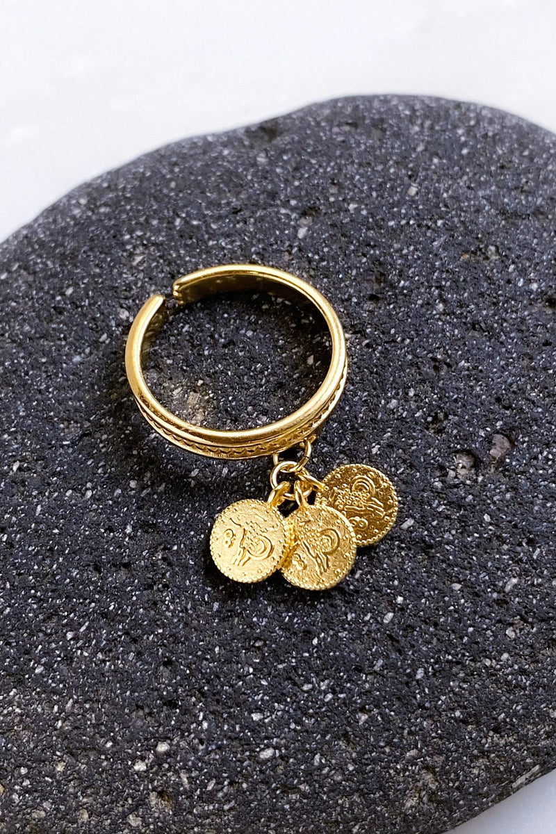 Statement tiny coins ring, Thin band ring with coin pendants, Dainty boho chic ring, Gold adjustable ring, 24K Gold plated ring for women