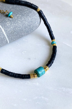 PHILIPPA Black, Turquoise stone necklace, Statement heishi necklace, Surfer's boho necklace, Collier femme boho