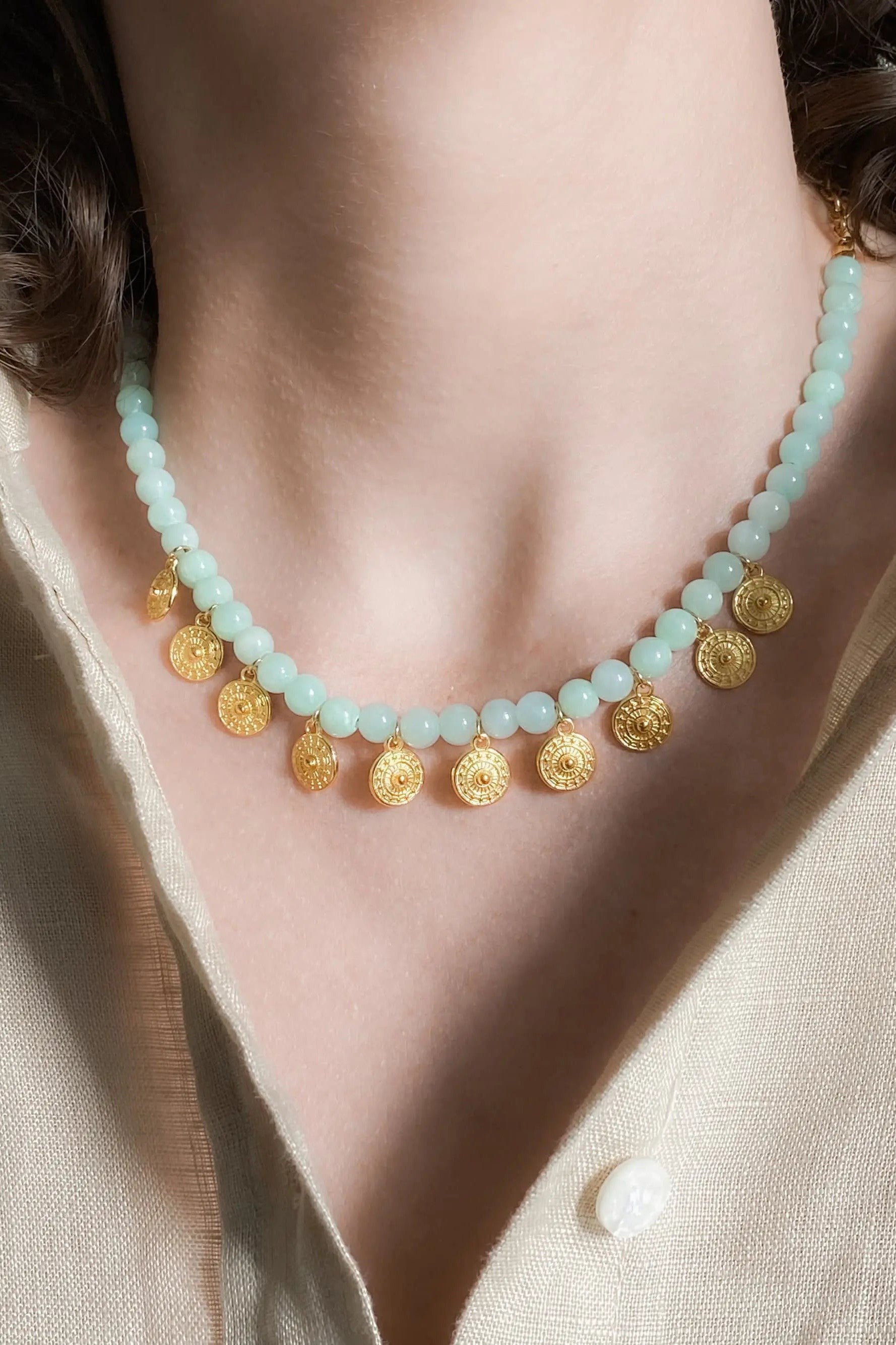 ERSA Gold coin Necklace, Blue Jade necklace, Boho chic Necklace, Collier pierres, Statement Heishi Necklace, Surfer necklace, Birthday Gift