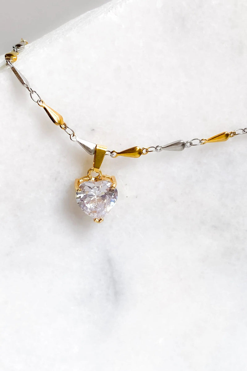 Statement heart necklace, Gold silver chain necklace with Zircon crystal heart, Thick crystal Heart charm pendant necklace, Anniversary gift
