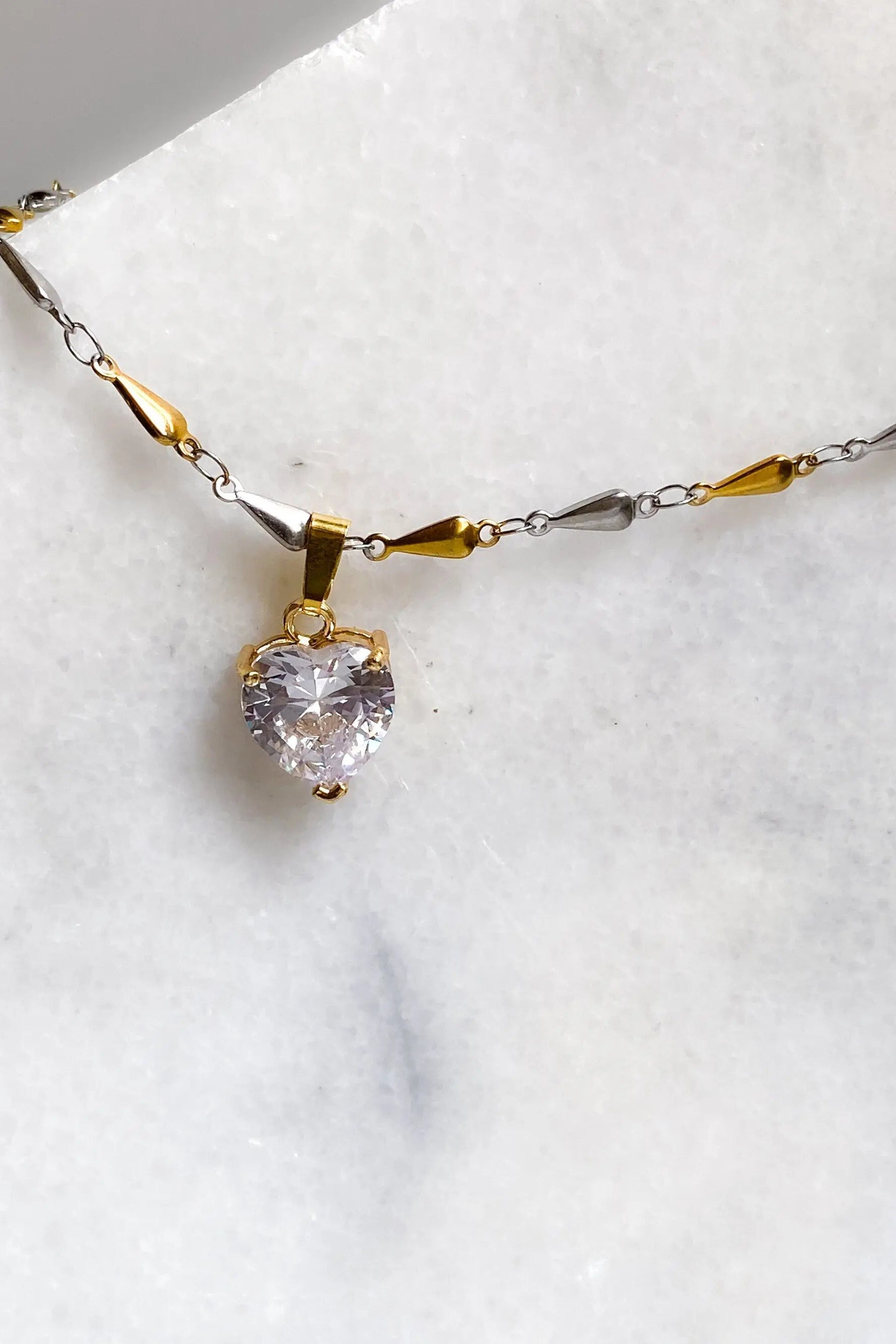 Statement heart necklace, Gold silver chain necklace with Zircon crystal heart, Thick crystal Heart charm pendant necklace, Anniversary gift