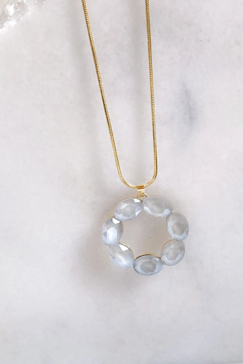 Big circle pendant necklace, Crystal Round pendant, Flower necklace, Large circle  gold Chain Necklace, Long chain necklace, Mum gift
