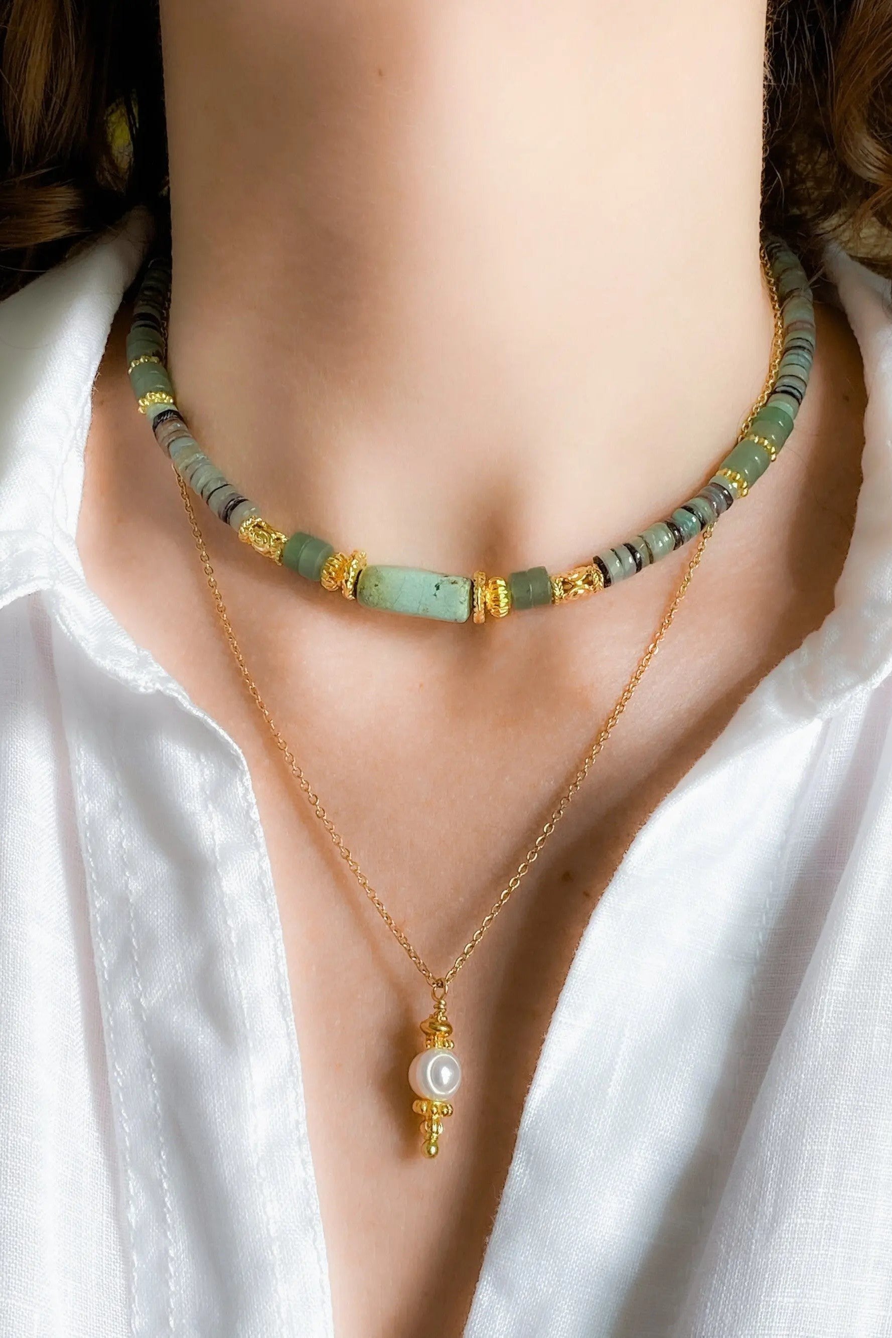 Heishi Necklace Aventurine Shell Necklace Statement Boho Necklace Surfer Choker African Stone Necklace